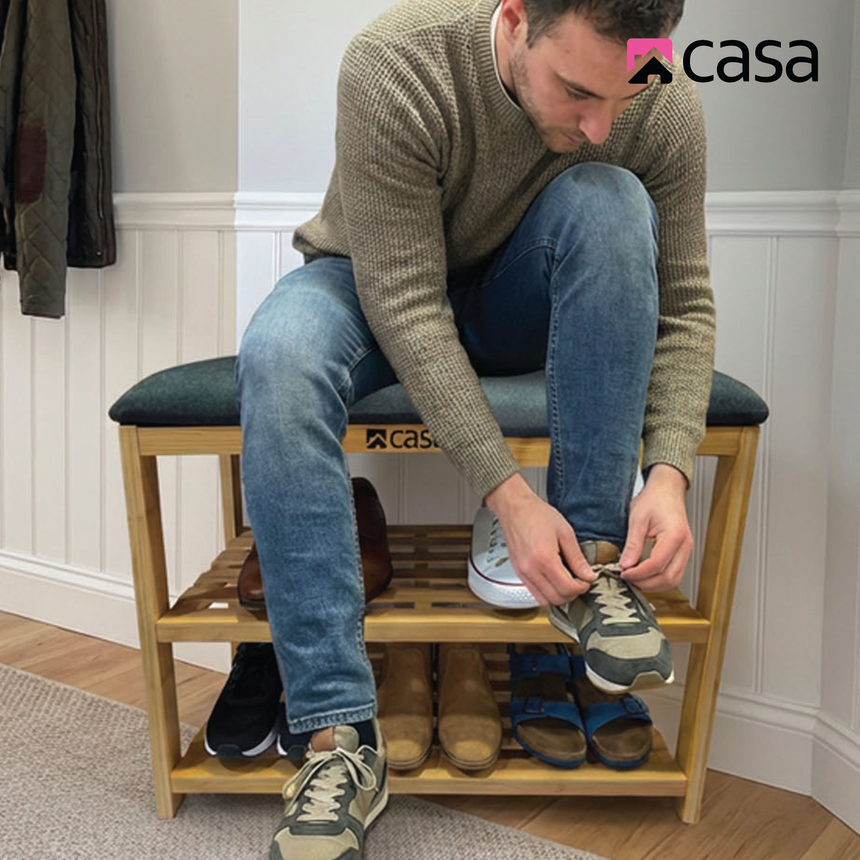 Shoe Storage Bench | 2-Tier Racks | Bamboo | Charcoal Seat