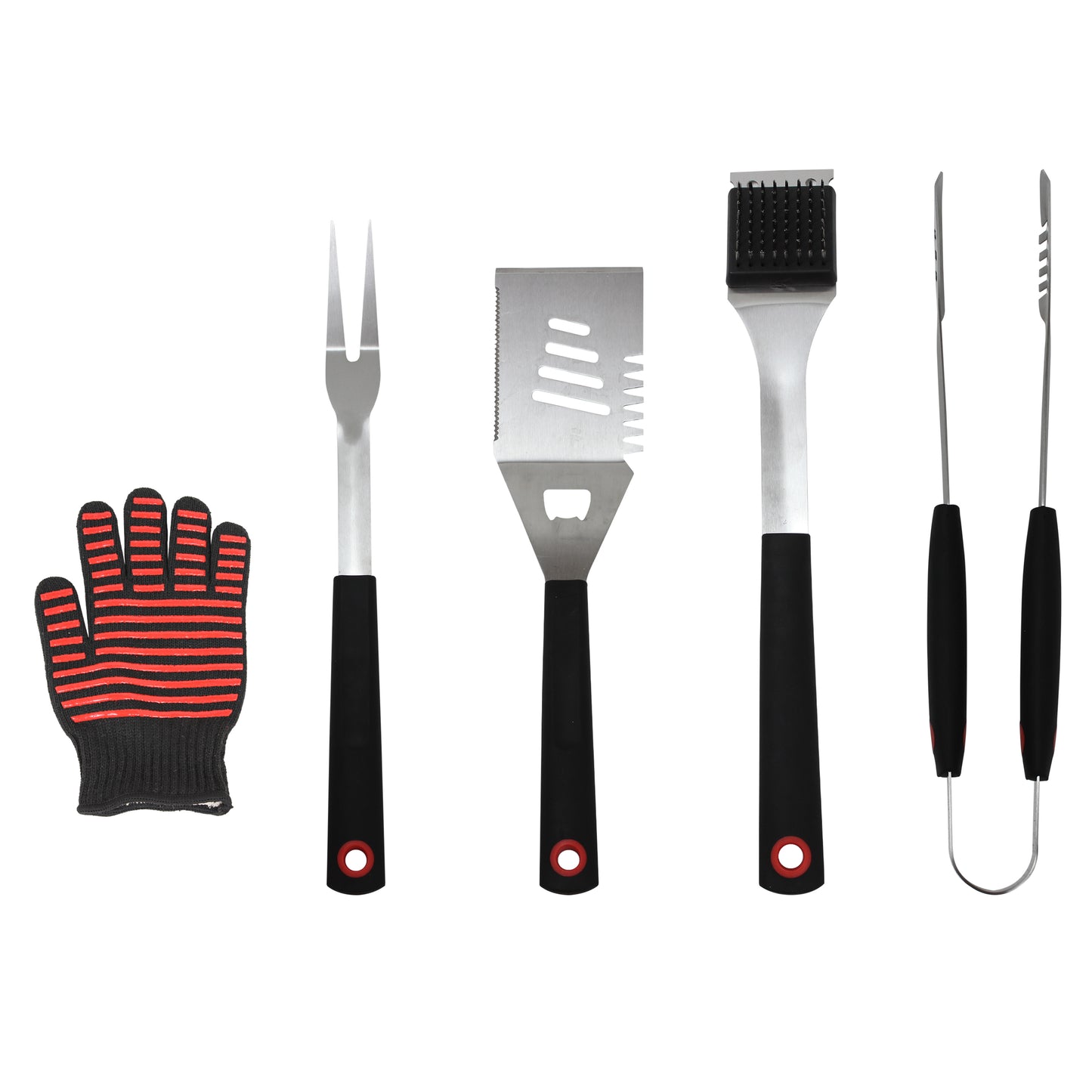 5PC BBQ TOOL SET IN CASE (FORK / BRUSH / TONGS / LIFTER / GLOVE)