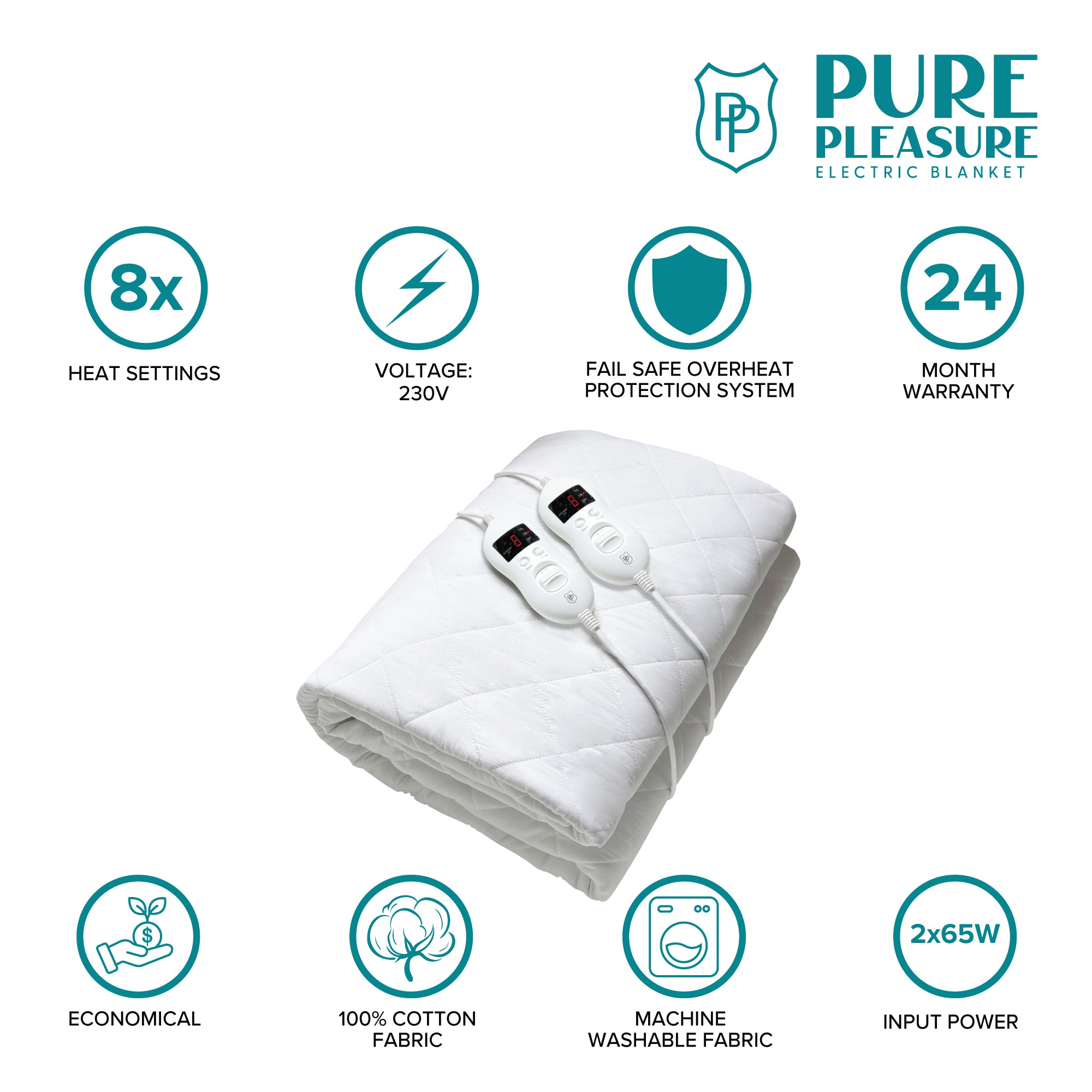 Cotton Quilt Fitted Electric Blanket | 8 Heat Settings & Timer | Single to King