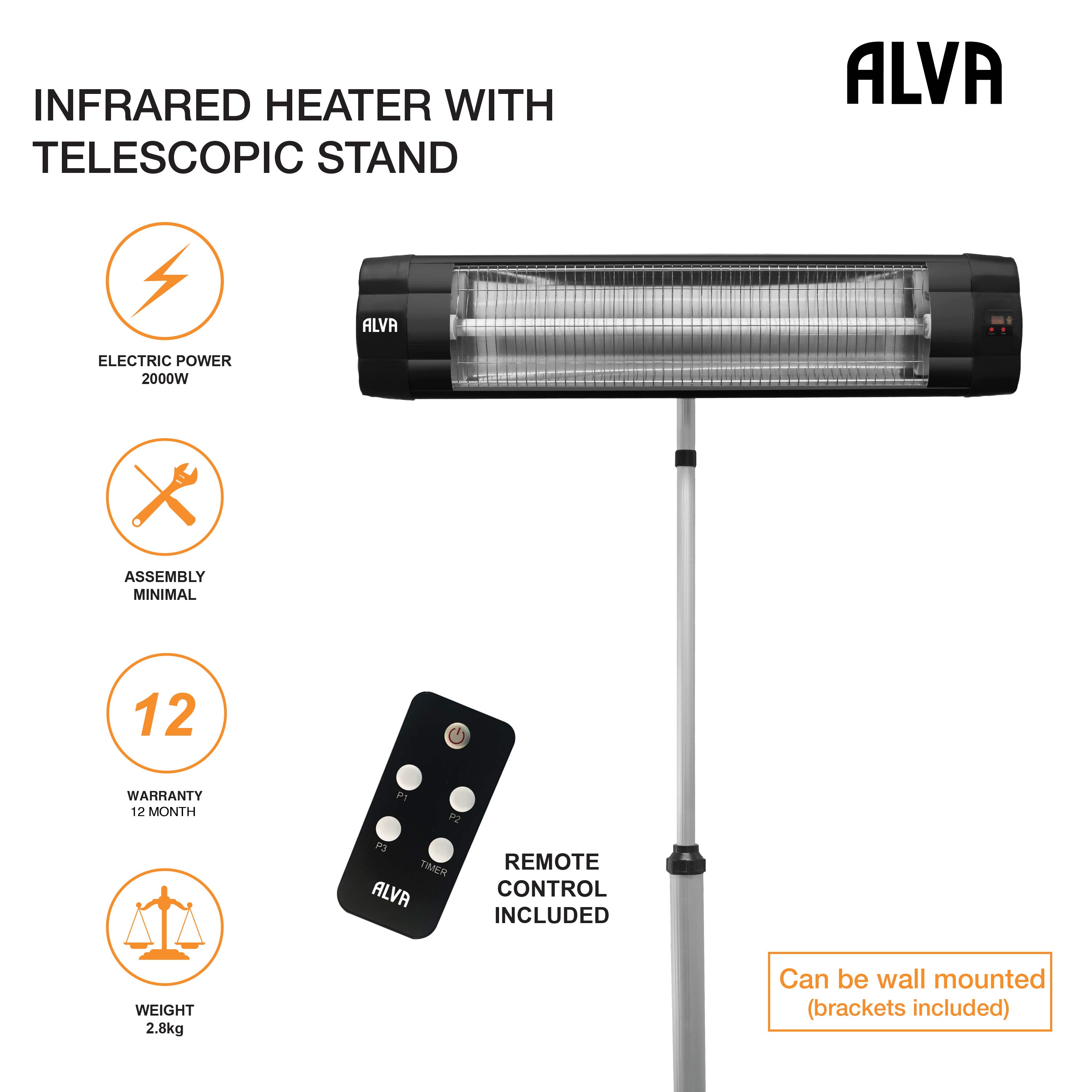 Electric Infrared Heater | Telescopic Stand & Remote Control | Wall-mountable