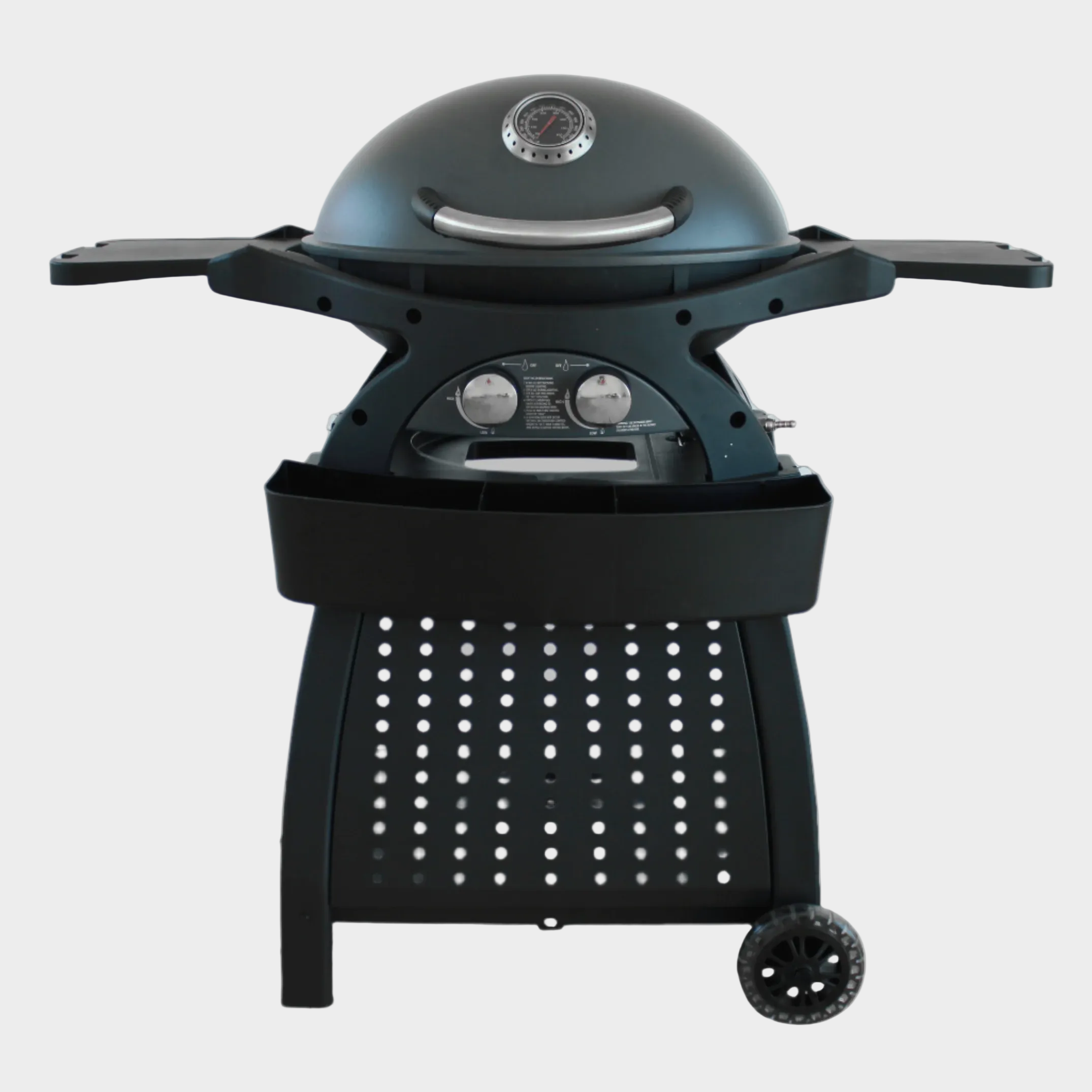 A compact 2-burner gas BBQ with a cart and a tabletop version, both are black. G651 ALVA - MONDO 2-BURNER GAS BBQ & CART