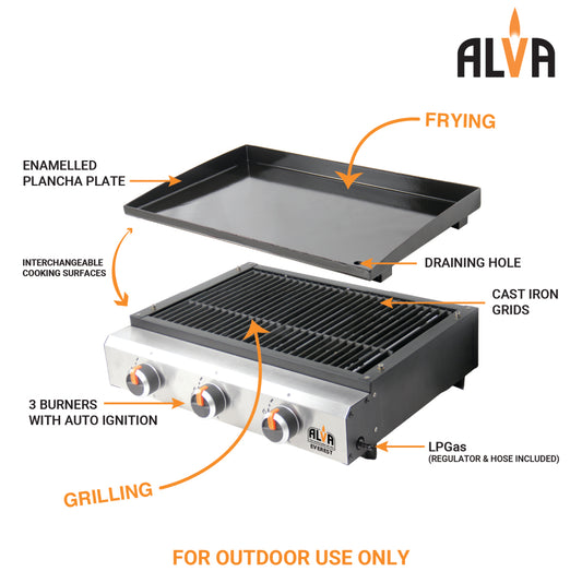 G670 ALVA Everest Tabletop 3-Burner Gas Plancha & Grill BBQ
