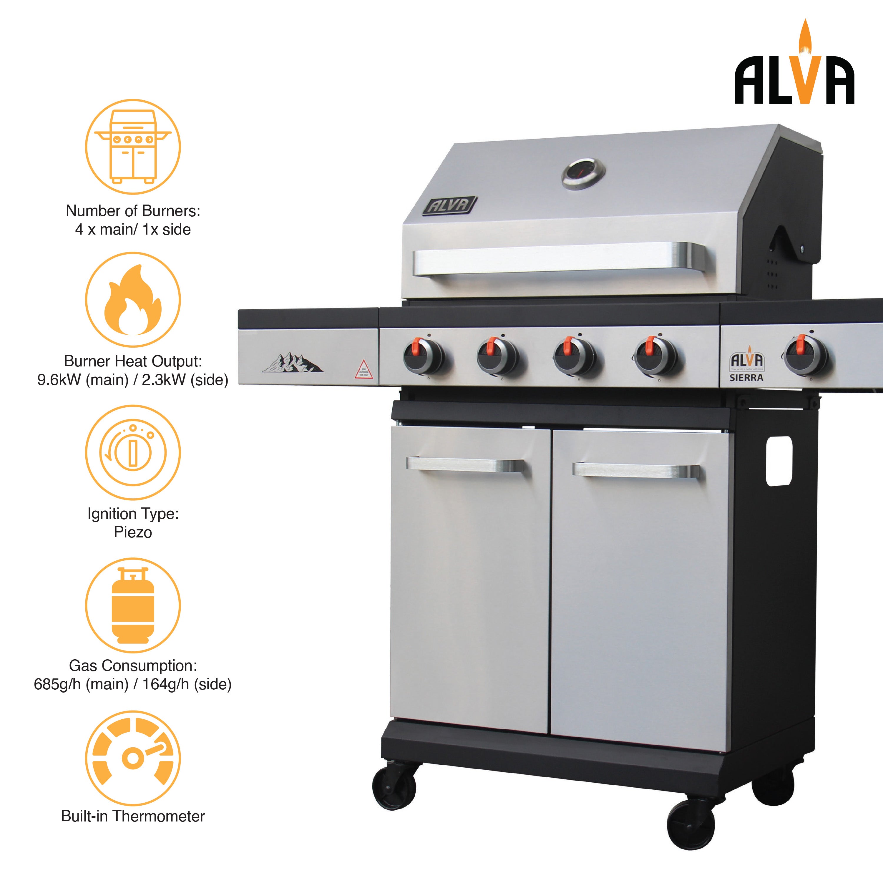 Sierra 4-Burner BBQ With Side Burner – Stainless Steel / Black + FREE TOOL SET