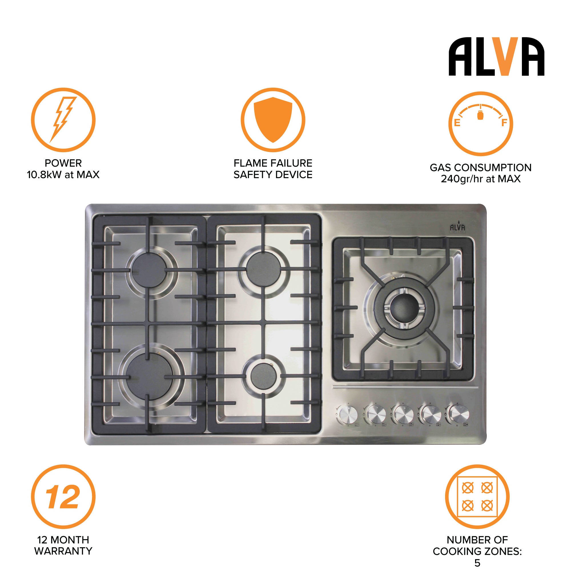90cm 5-Burner Gas Hob - Stainless Steel