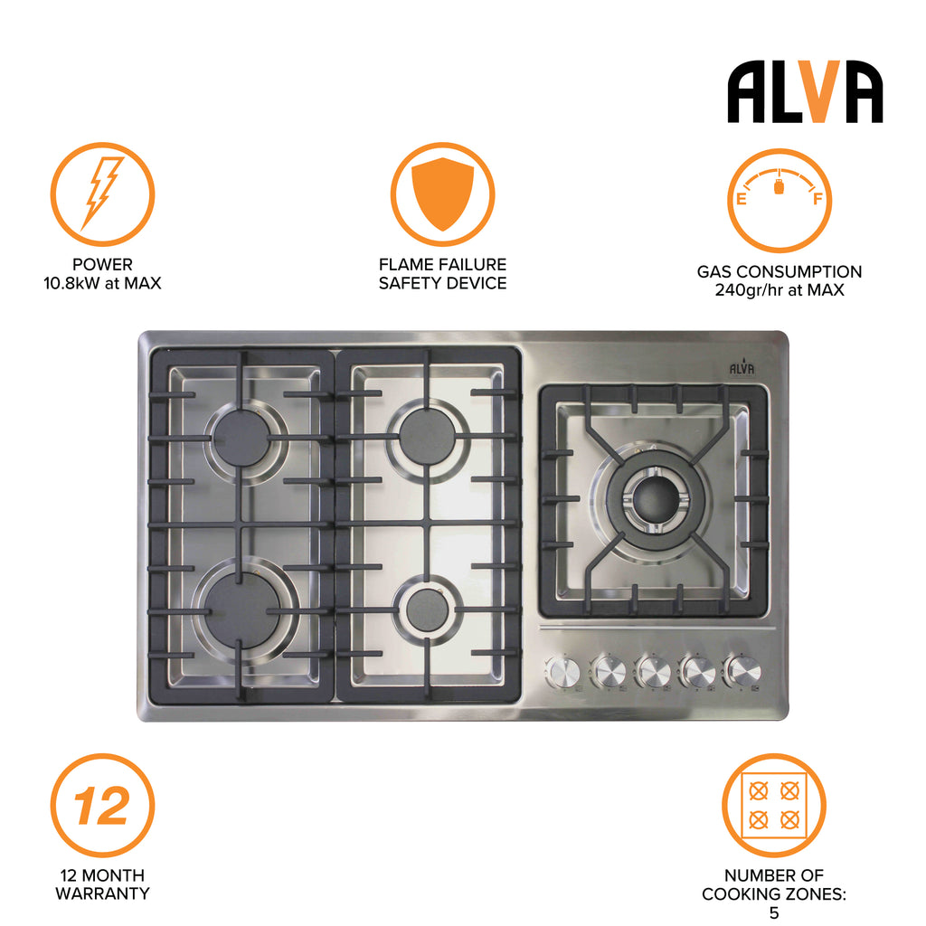 90cm 5-Burner Gas Hob - Stainless Steel