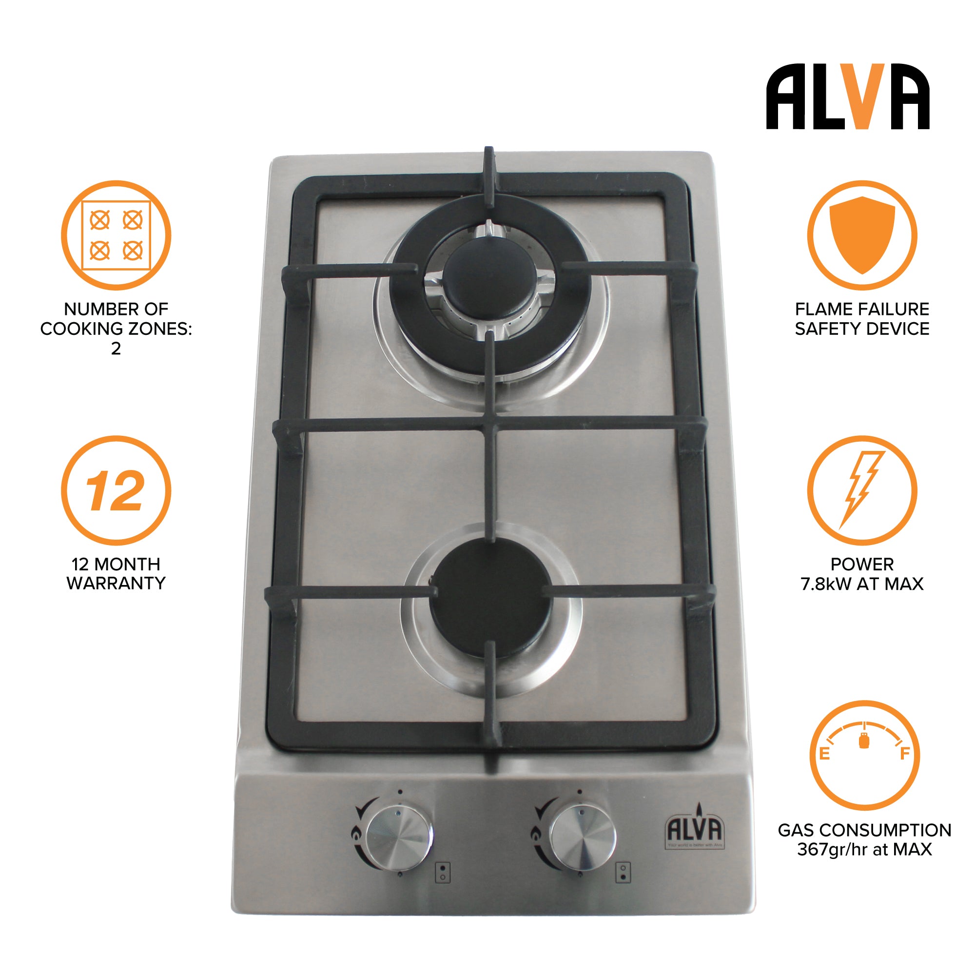 30cm 2-Burner Gas Hob - Stainless Steel