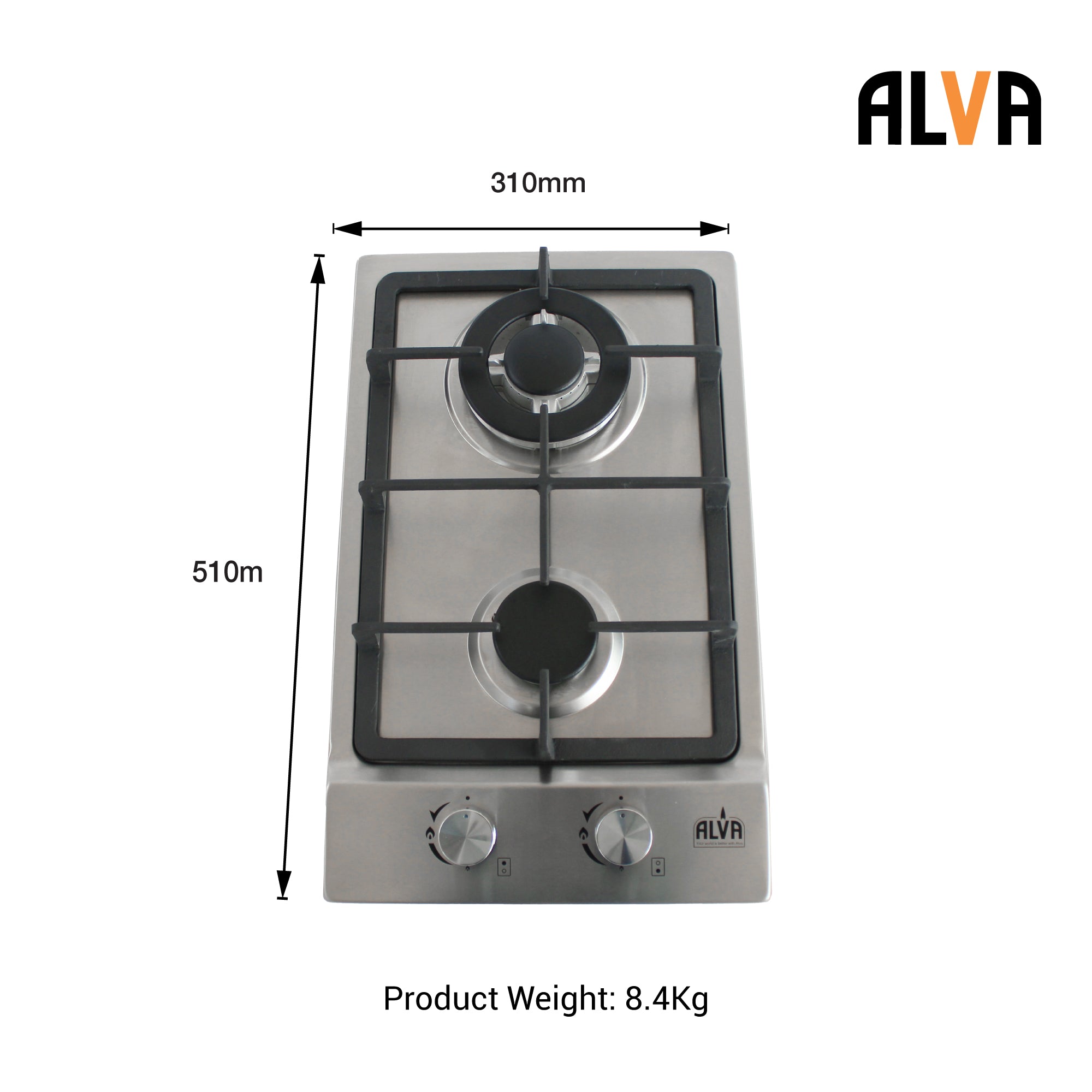 30cm 2-Burner Gas Hob - Stainless Steel