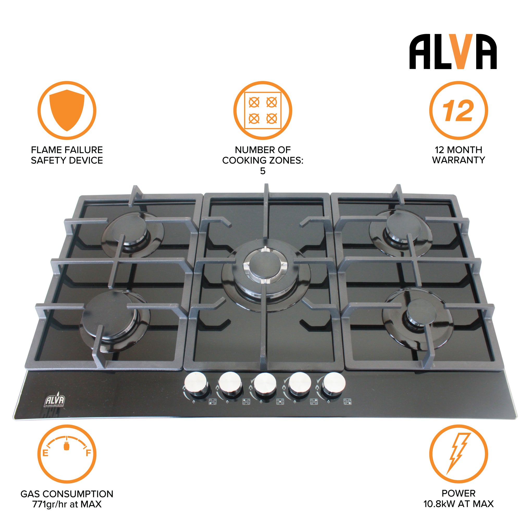 90cm 5-Burner Gas Hob - Glass Top