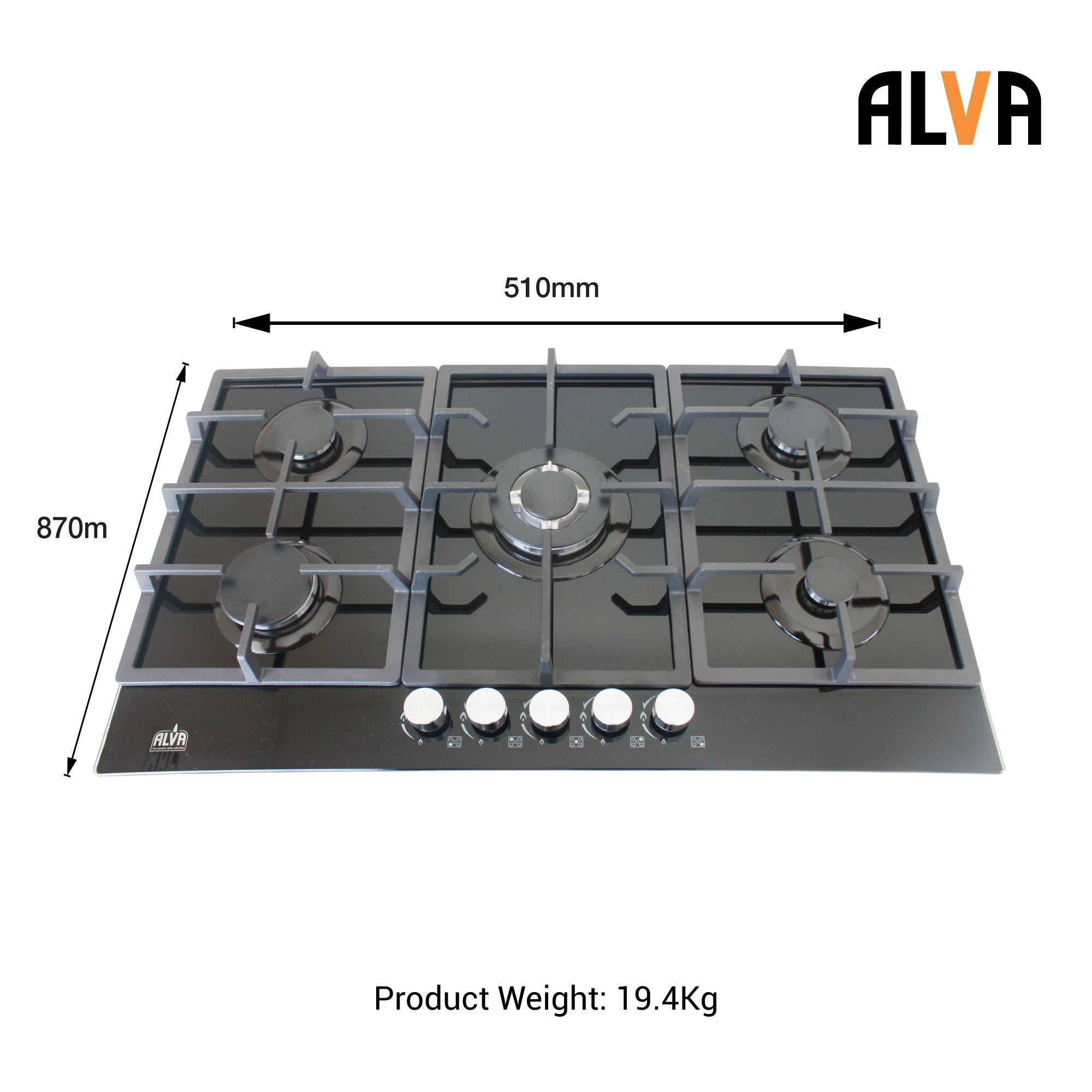 90cm 5-Burner Gas Hob - Glass Top