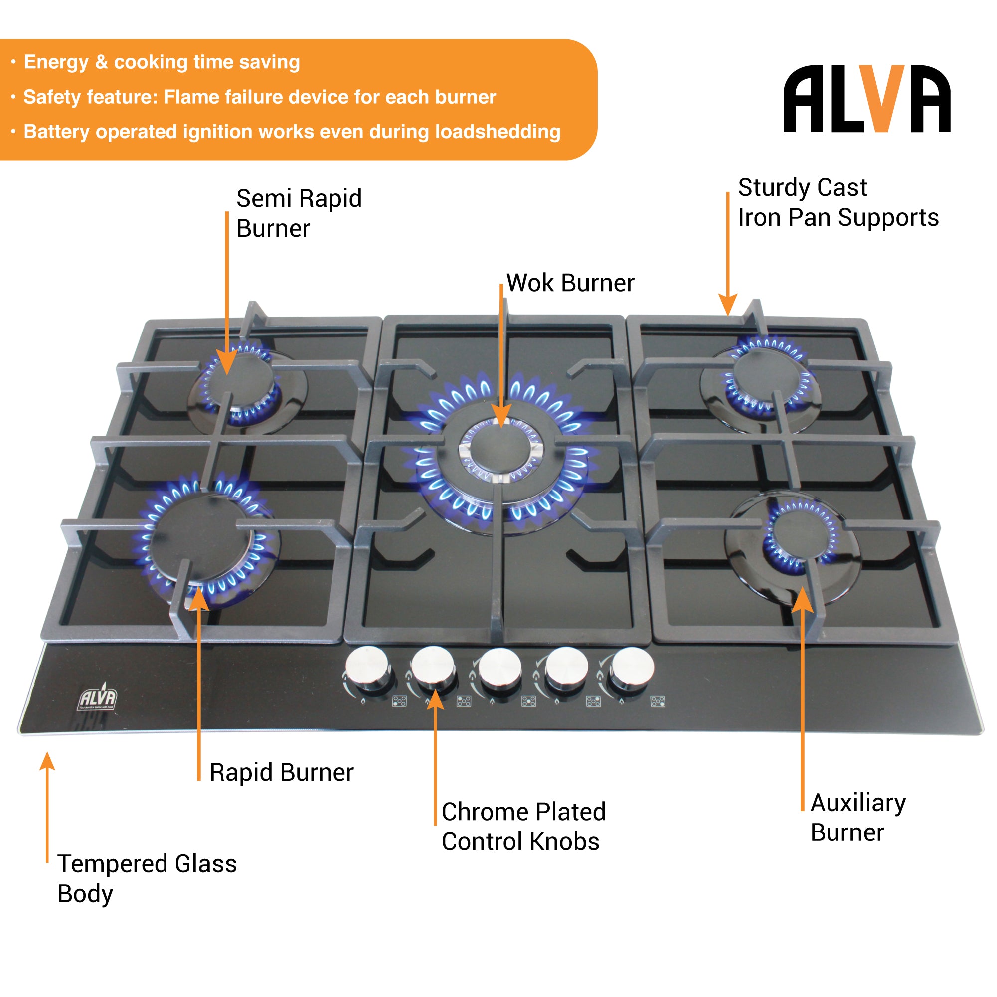 90cm 5-Burner Gas Hob - Glass Top