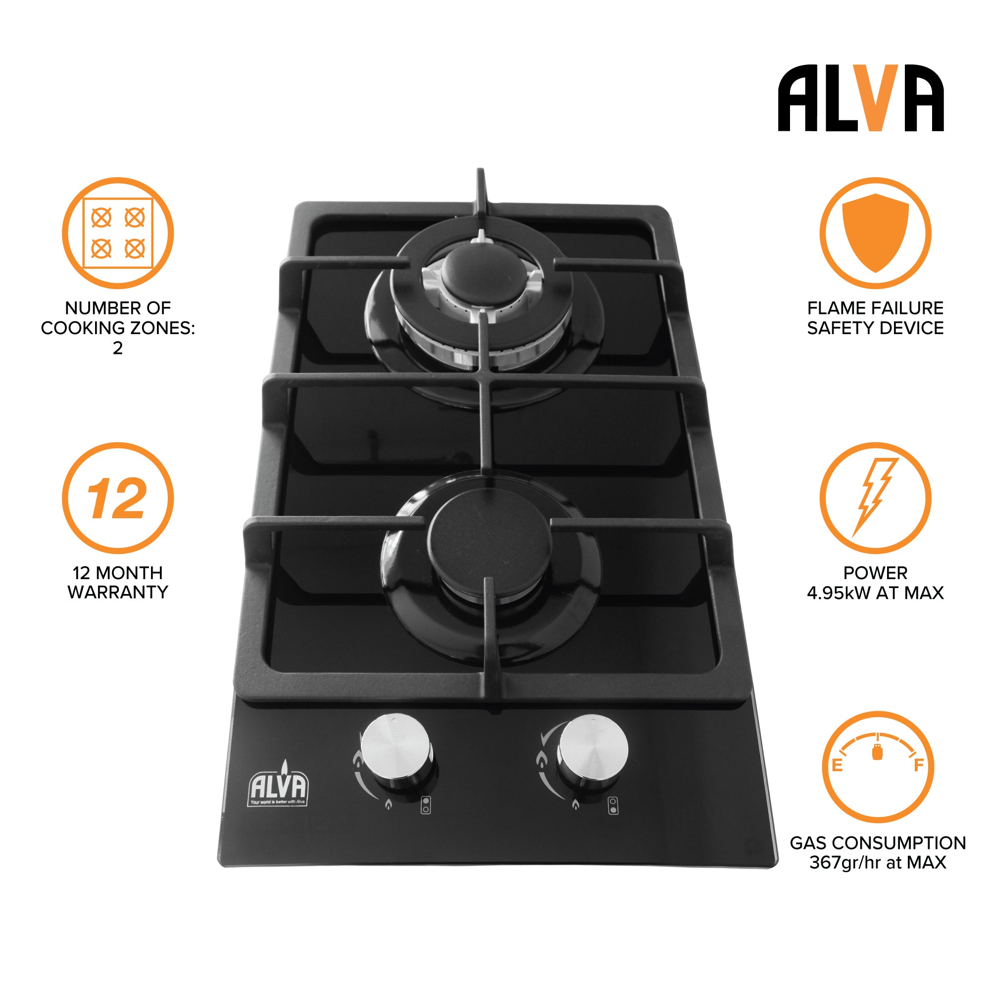 30cm 2-Burner Gas Hob - Glass Top