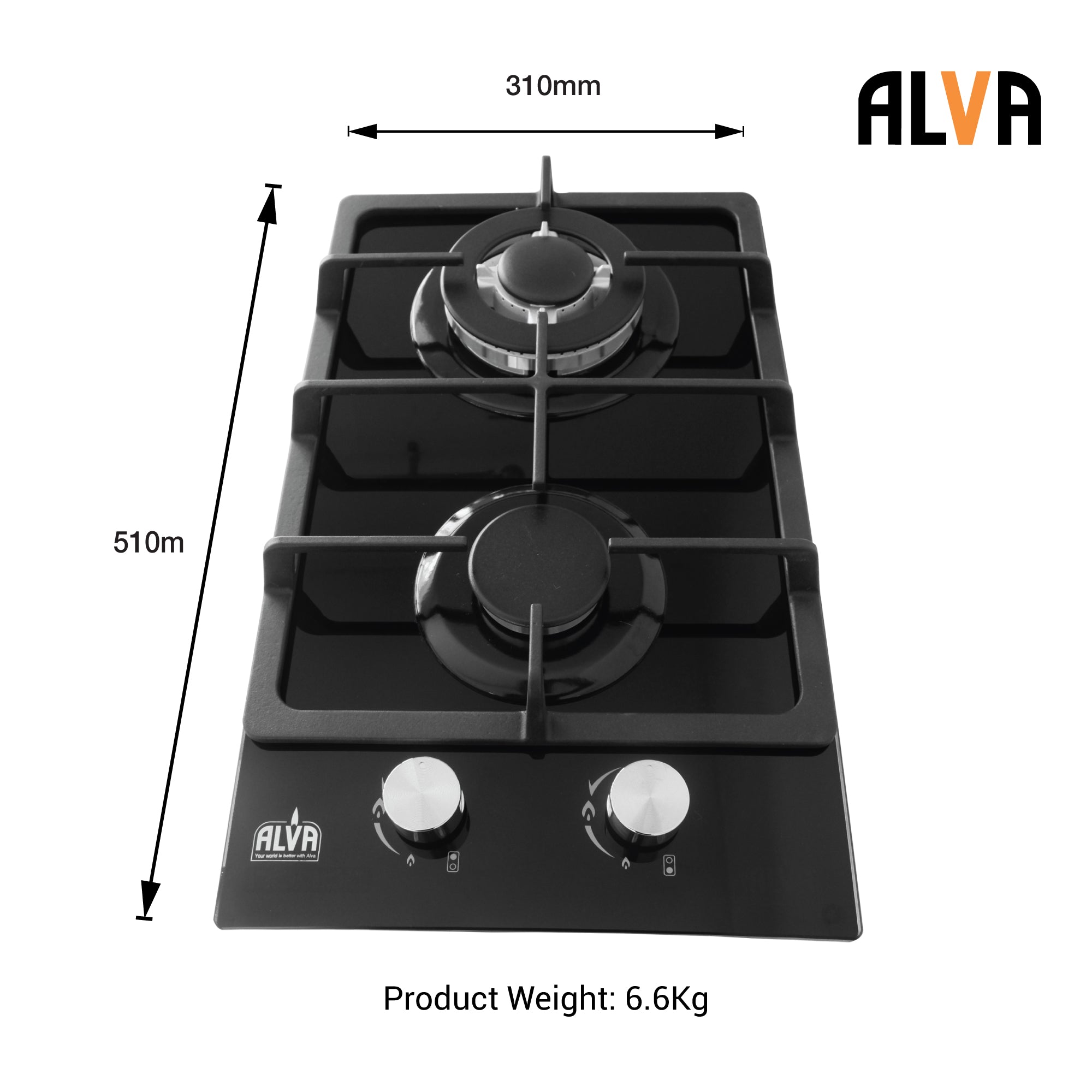 30cm 2-Burner Gas Hob - Glass Top