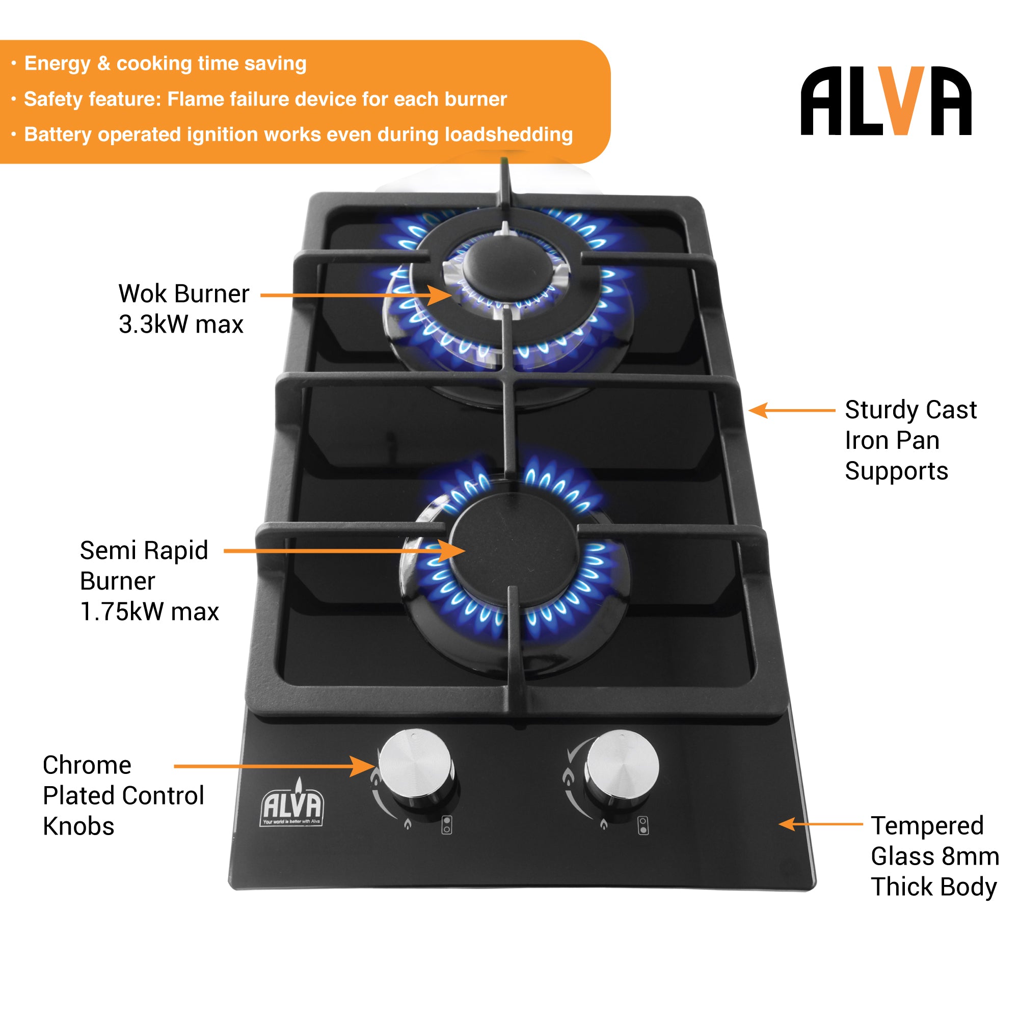 30cm 2-Burner Gas Hob - Glass Top