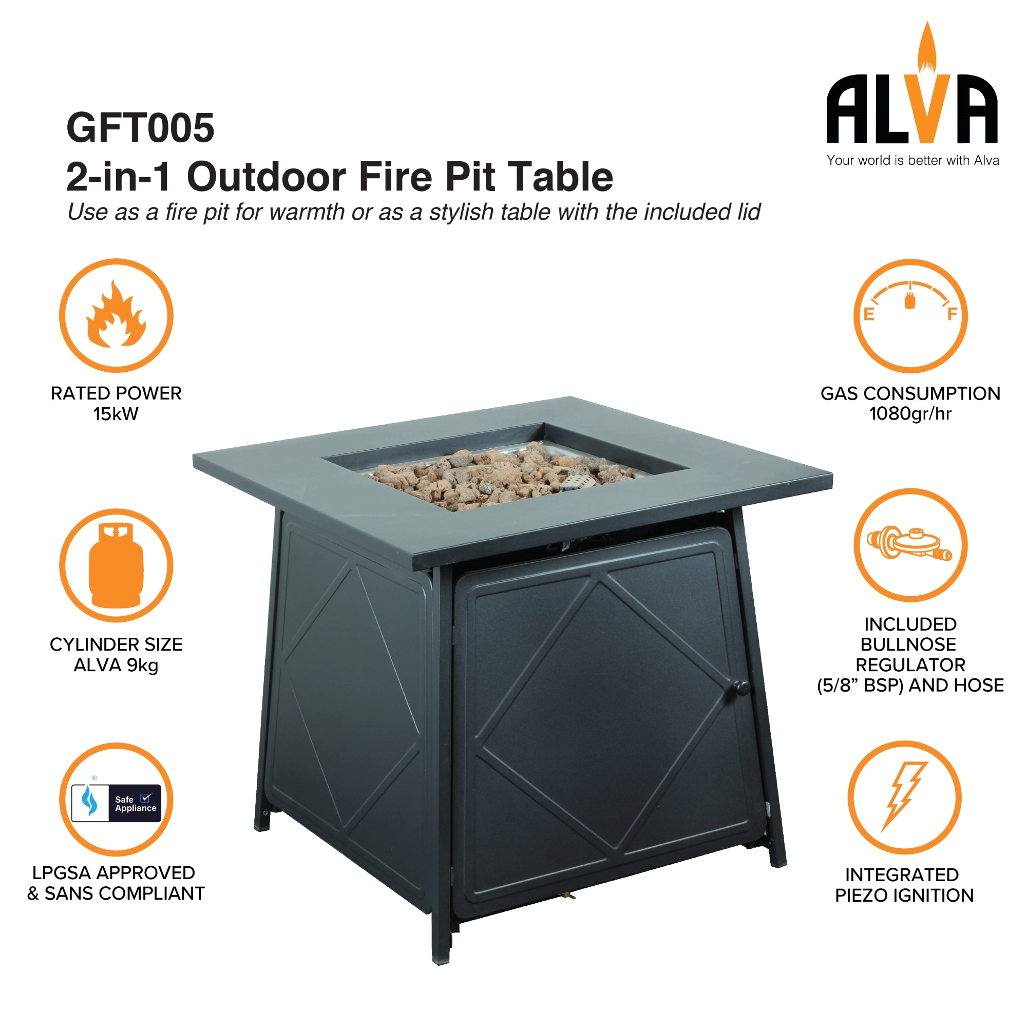 Gas Firetable With Lava Rocks & Lid