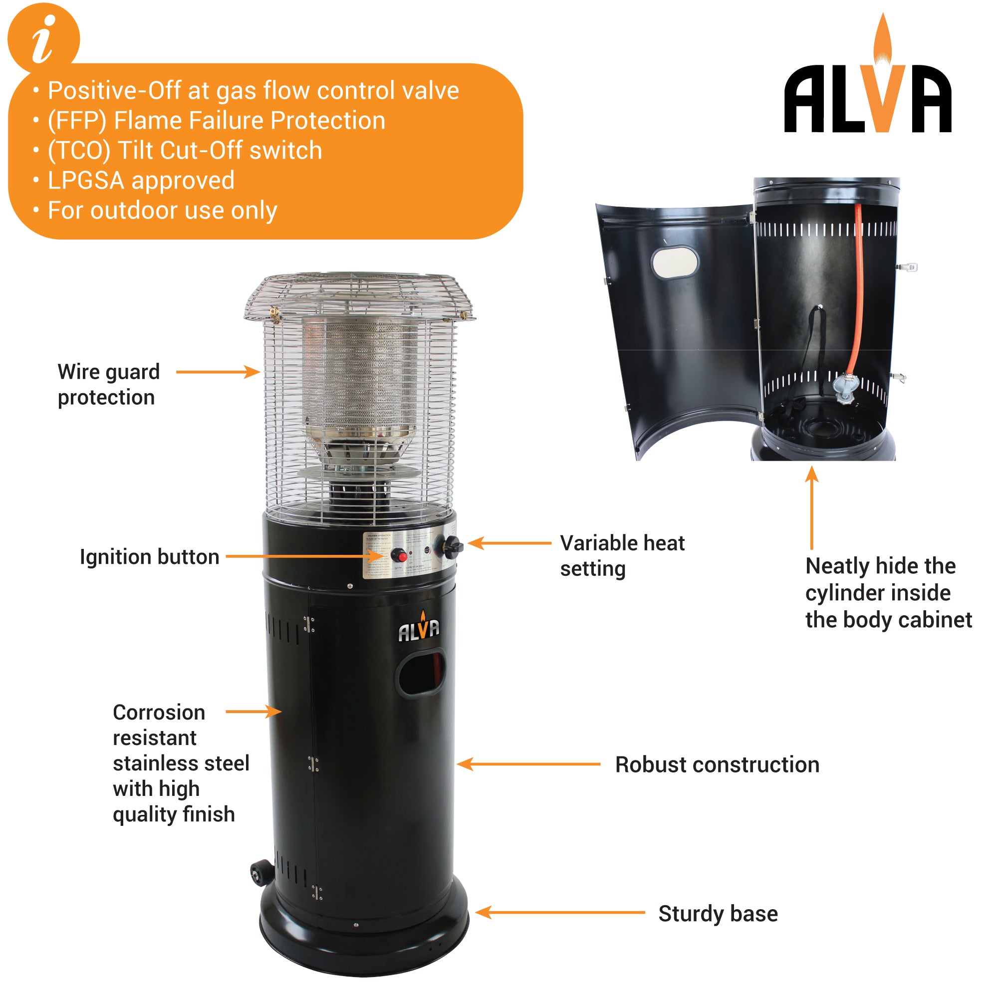 Short Stand Gas Patio Heater 1 35m Black LPGSA Approved Alva short-stand-gas-patio-heater-1-35m-black-lpgsa-approved-alva