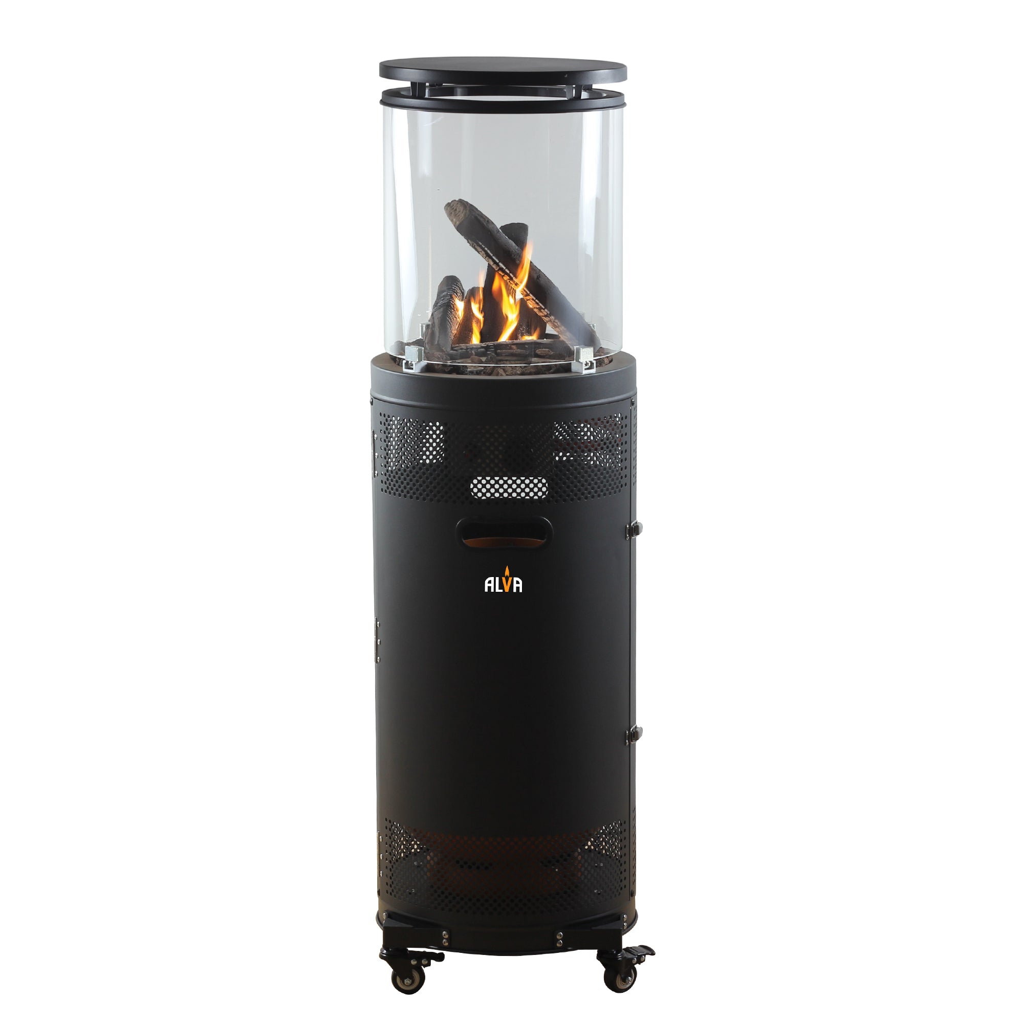 Circular Midi Stand Gas Patio Heater | Glass Enclosed Lava Rock & Logs