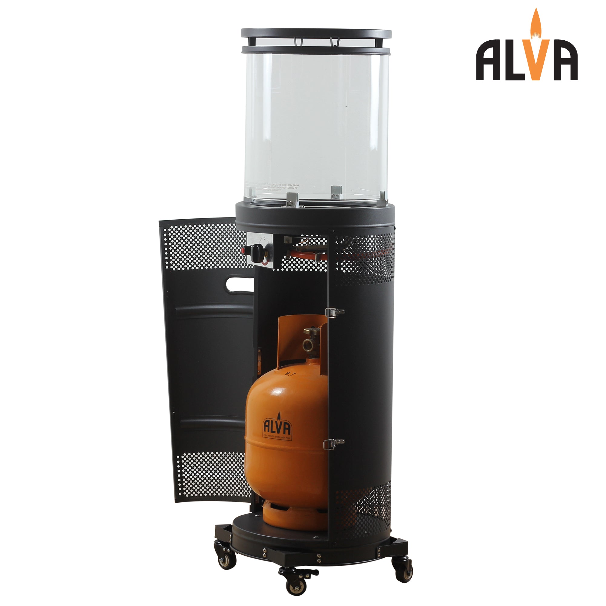 Circular Midi Stand Gas Patio Heater | Glass Enclosed Lava Rock & Logs