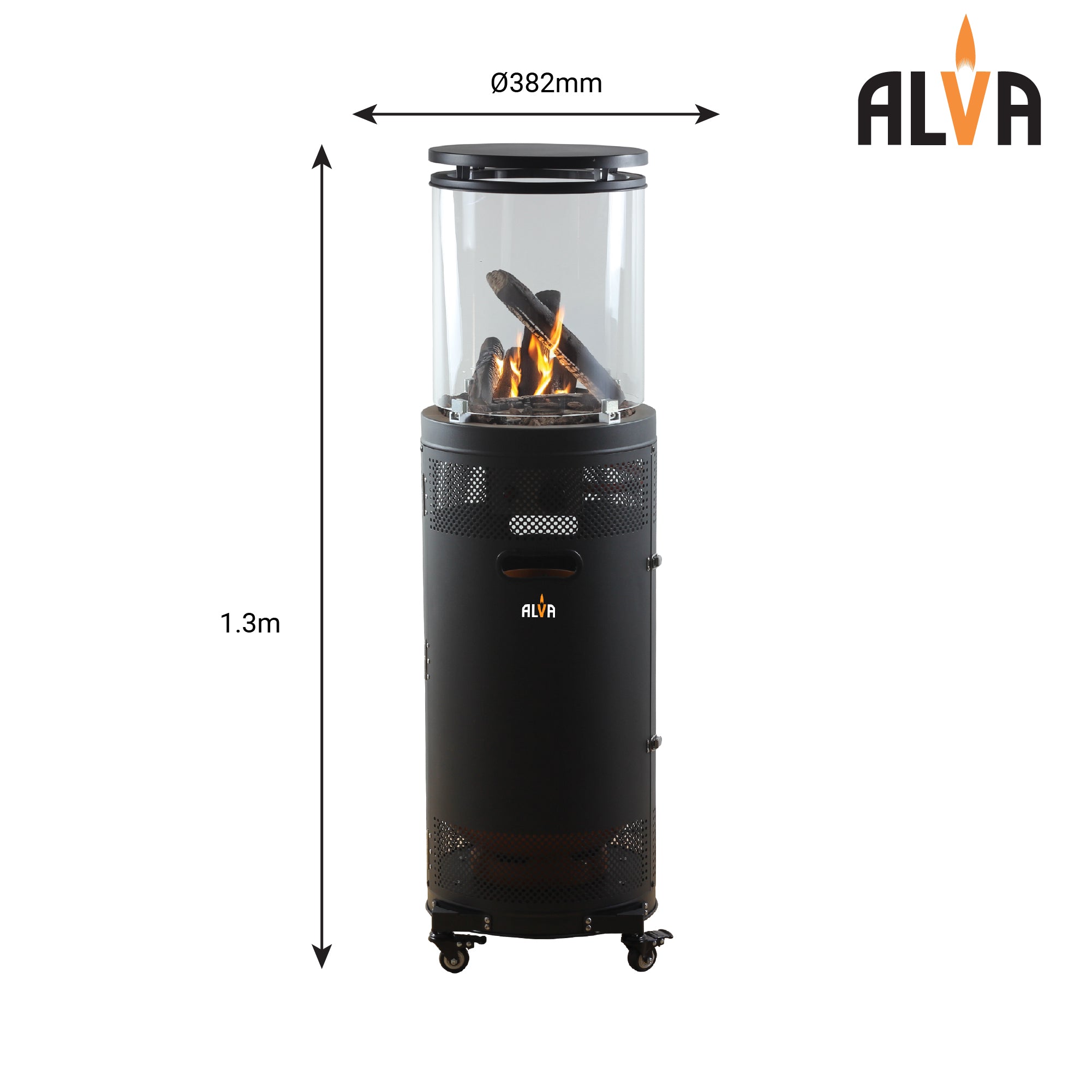 Circular Midi Stand Gas Patio Heater | Glass Enclosed Lava Rock & Logs