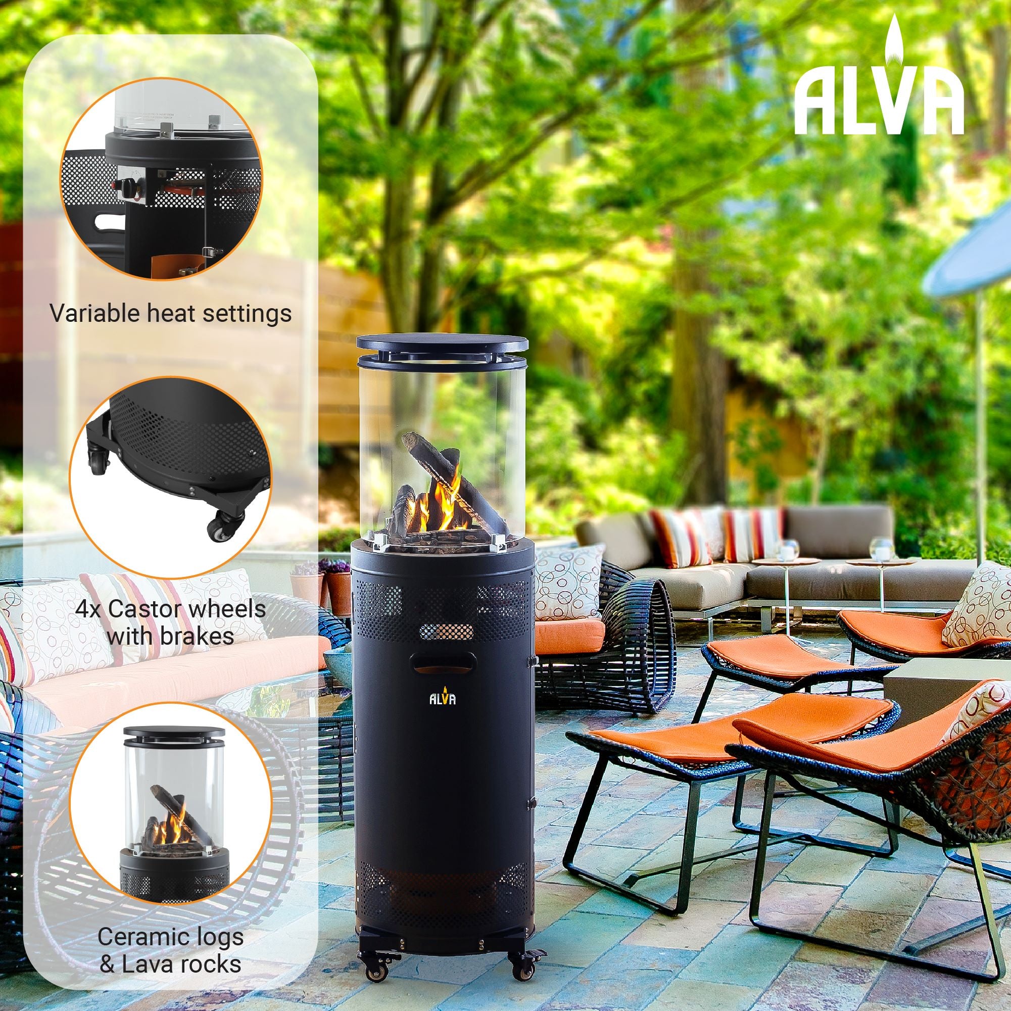 Circular Midi Stand Gas Patio Heater | Glass Enclosed Lava Rock & Logs