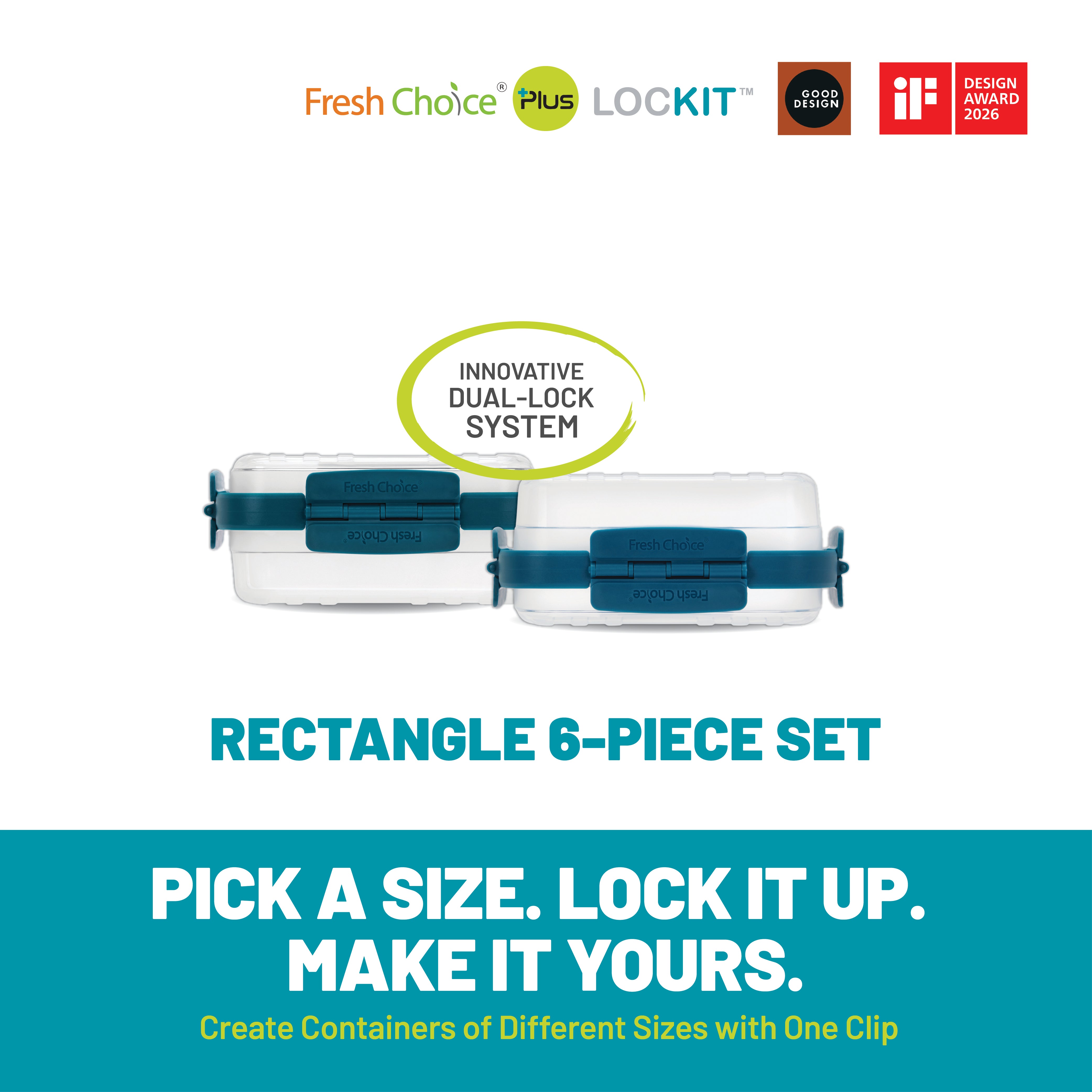 Fresh Choice Lockit Rectangle 6-Piece Food Storage Set - Small & Medium