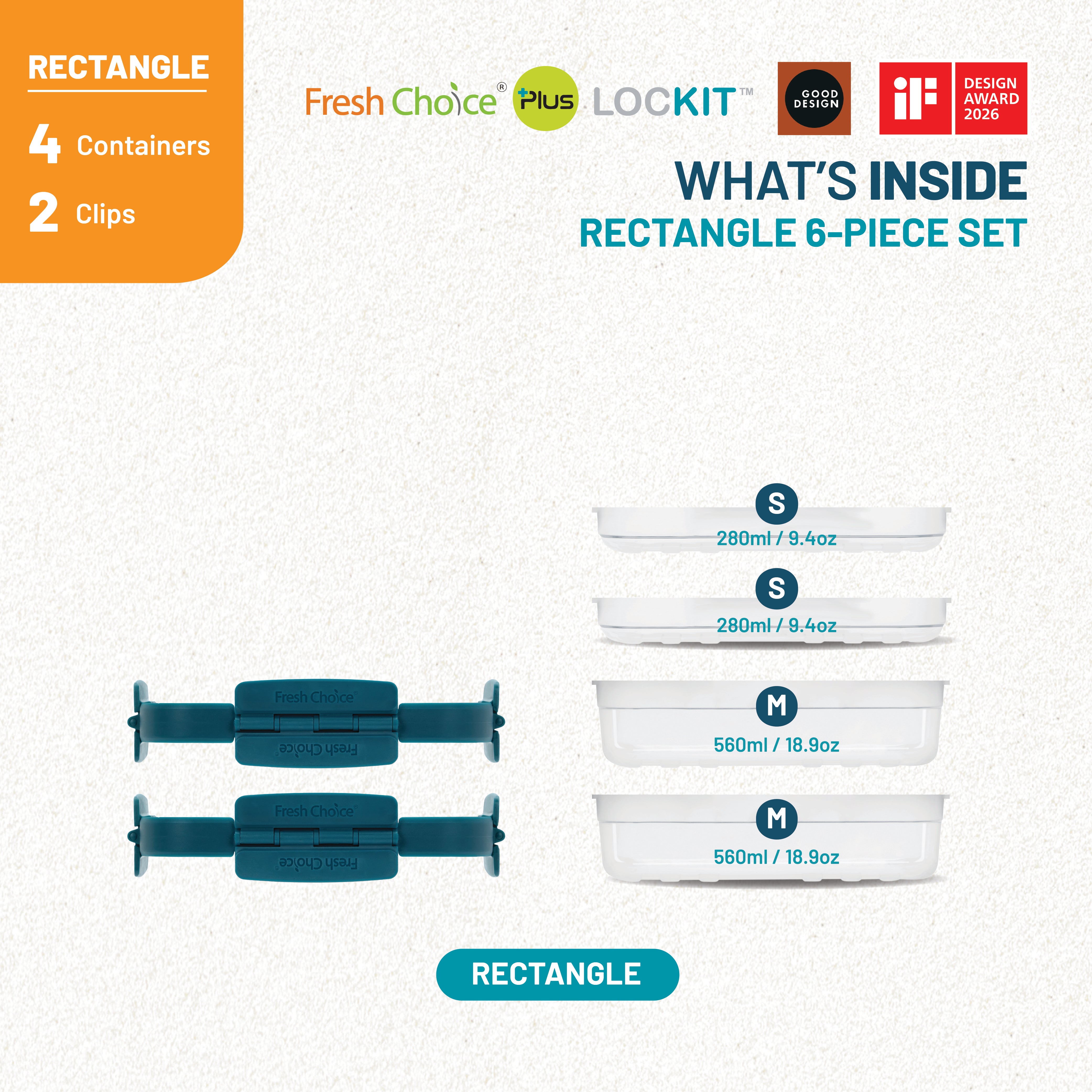 Fresh Choice Lockit Rectangle 6-Piece Food Storage Set - Small & Medium