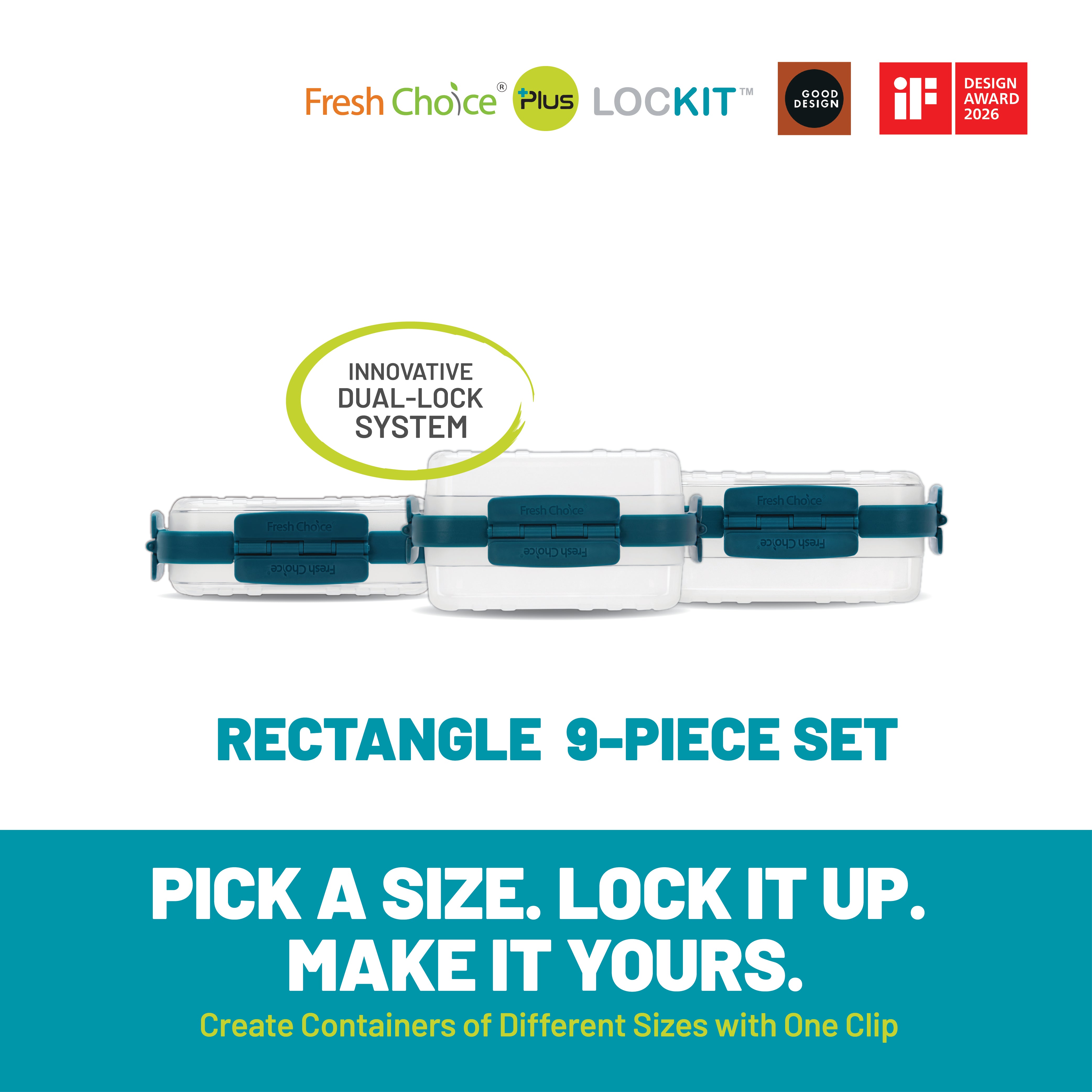 Fresh Choice Lockit Rectangle 9-Piece Food Storage Set - Small & Medium
