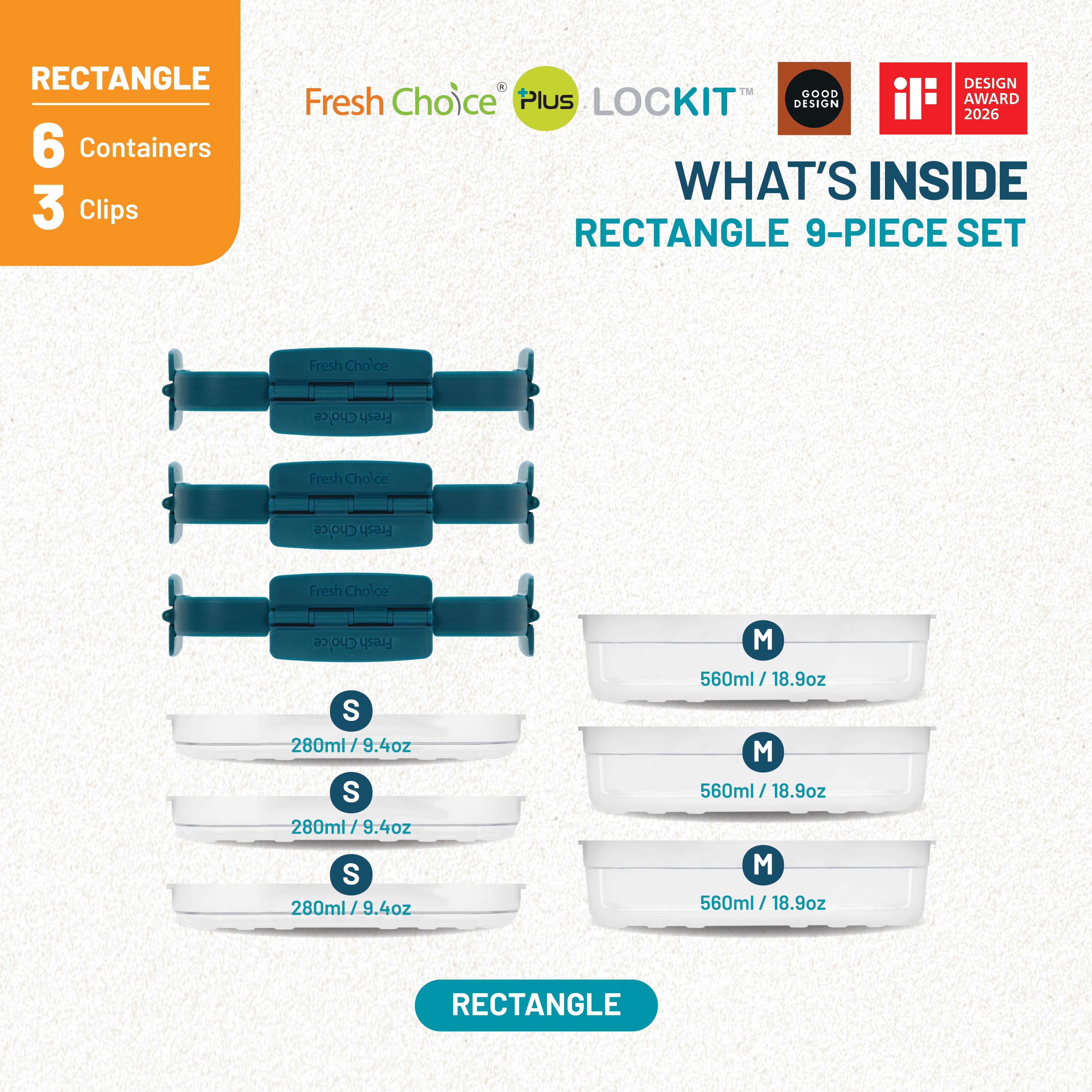 Fresh Choice Lockit Rectangle 9-Piece Food Storage Set - Small & Medium