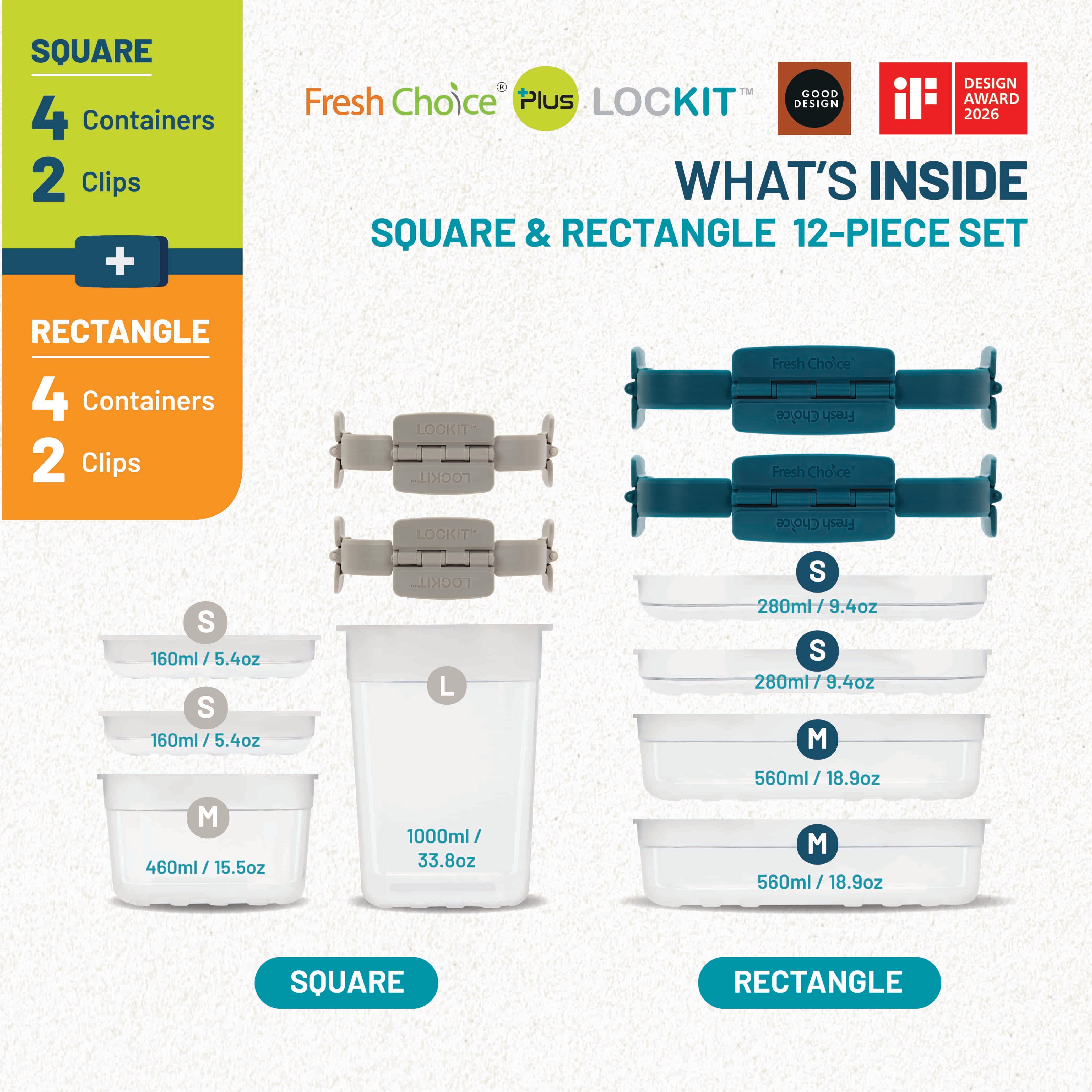 Fresh Choice | Lockit Square & Rectangle 12-Piece Set | Modular Food Storage