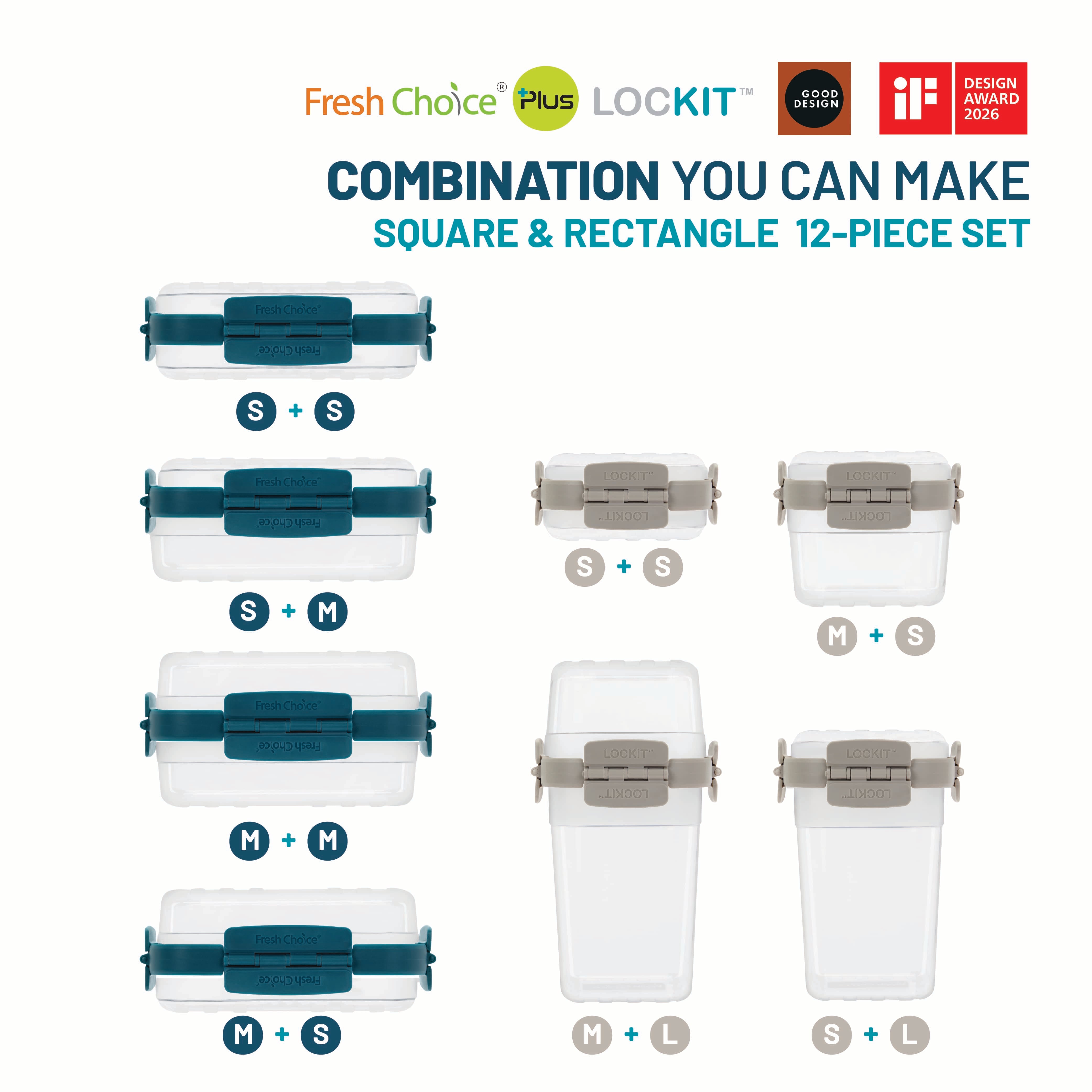 Fresh Choice | Lockit Square & Rectangle 12-Piece Set | Modular Food Storage