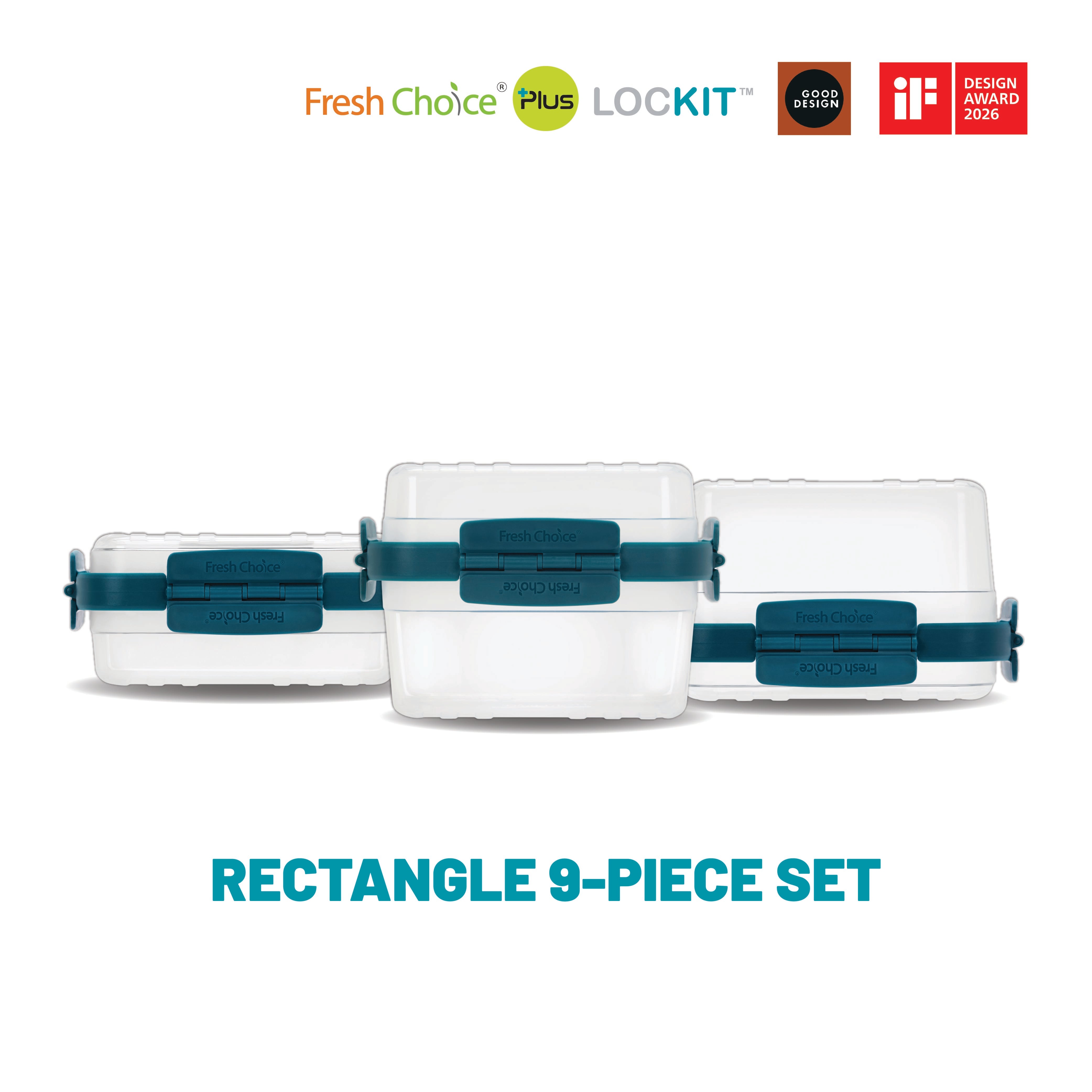 Fresh Choice | Lockit Rectangle Large 9-Piece Set | Modular Food Storage
