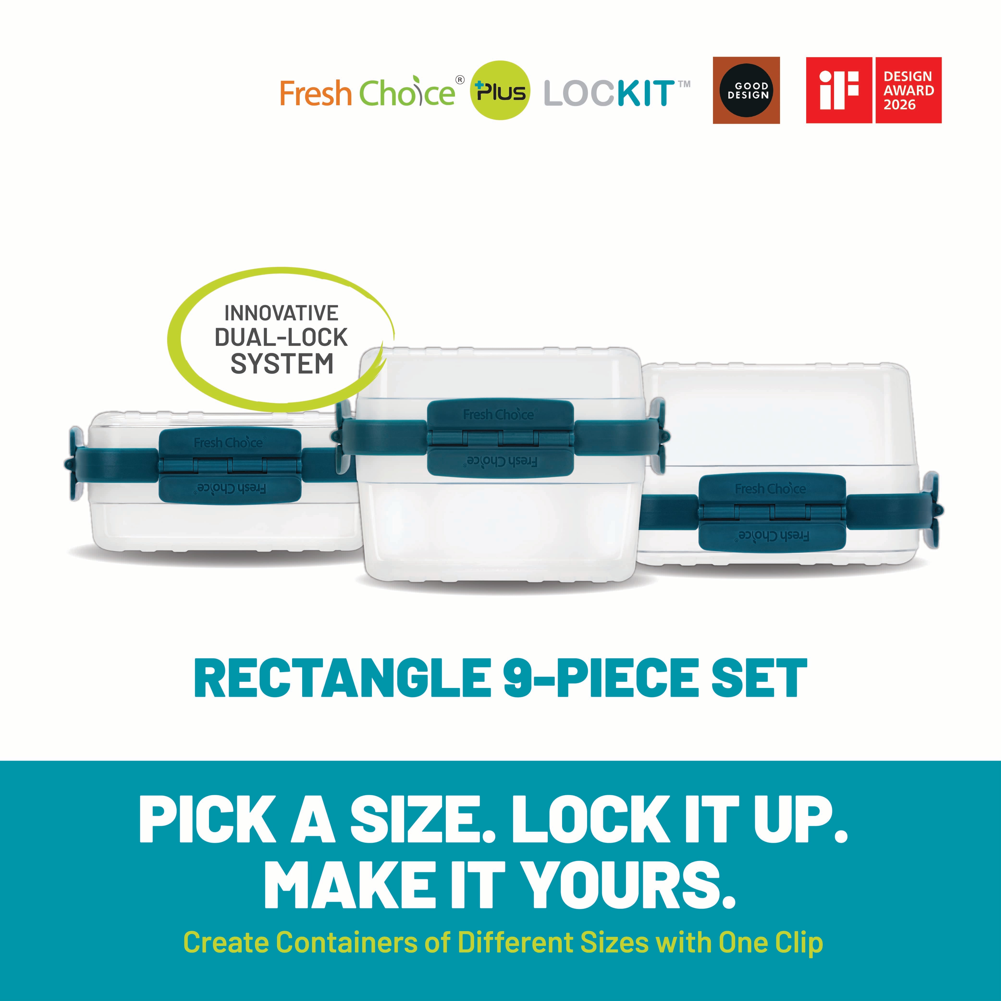 Fresh Choice | Lockit Rectangle Large 9-Piece Set | Modular Food Storage
