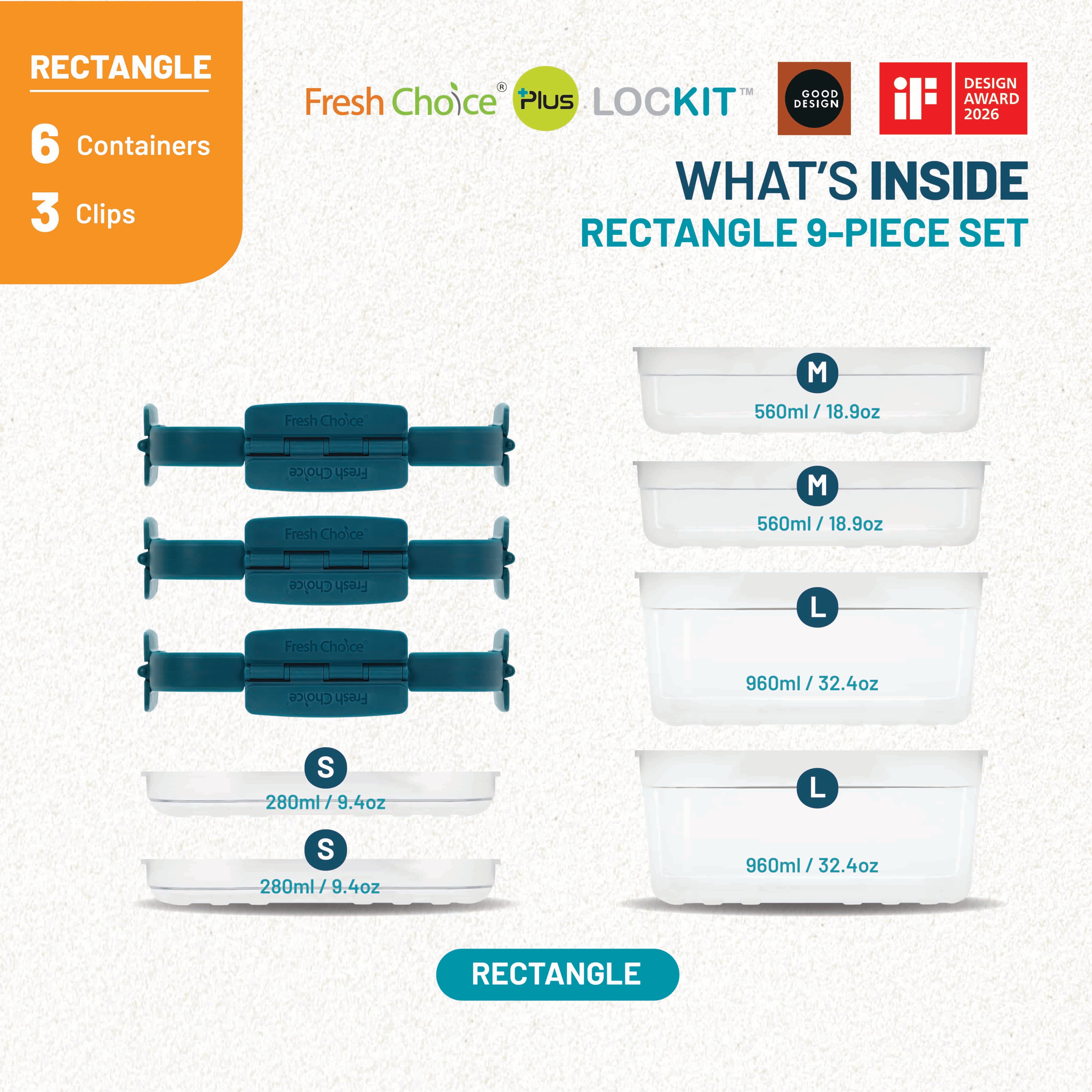 Fresh Choice | Lockit Rectangle Large 9-Piece Set | Modular Food Storage