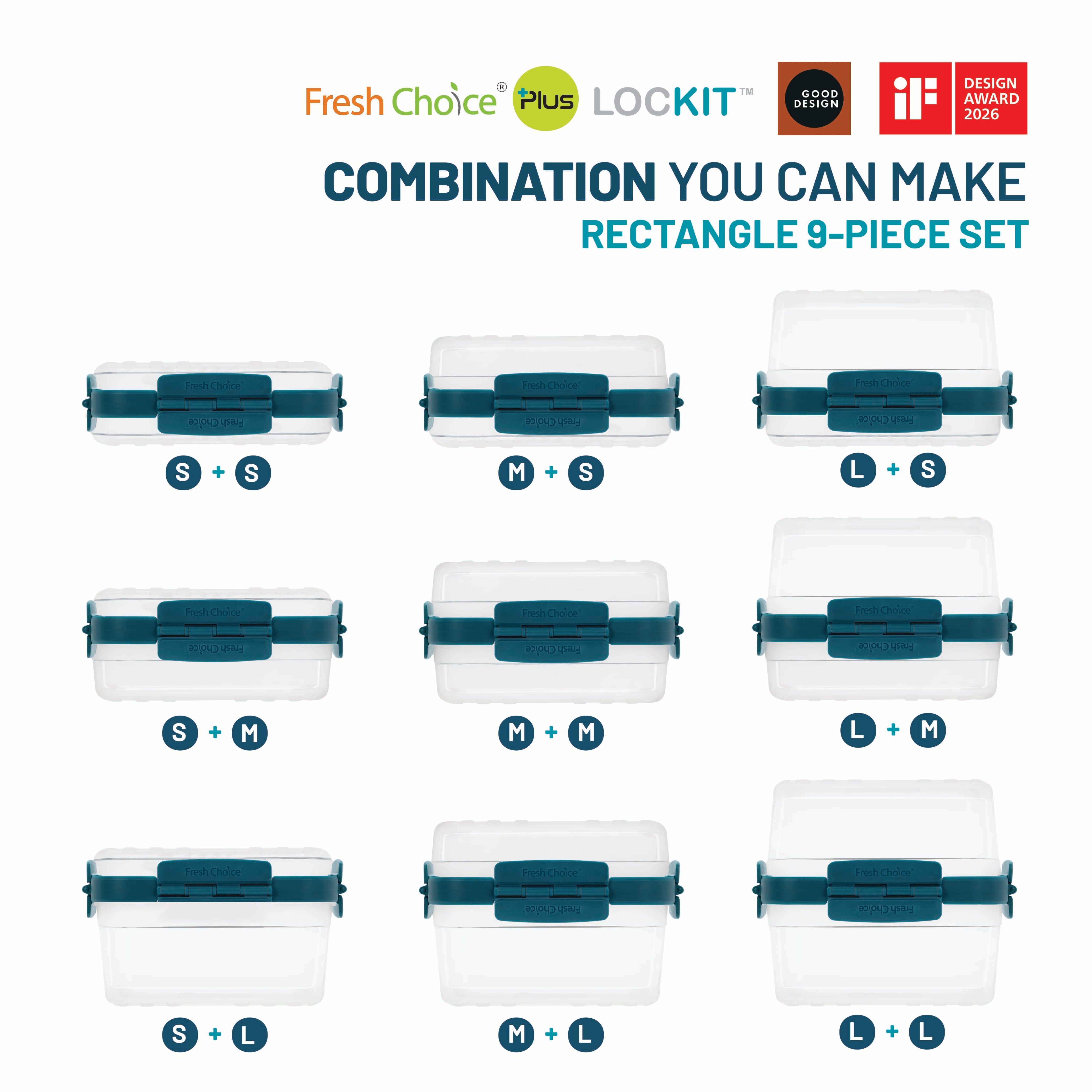 Fresh Choice | Lockit Rectangle Large 9-Piece Set | Modular Food Storage