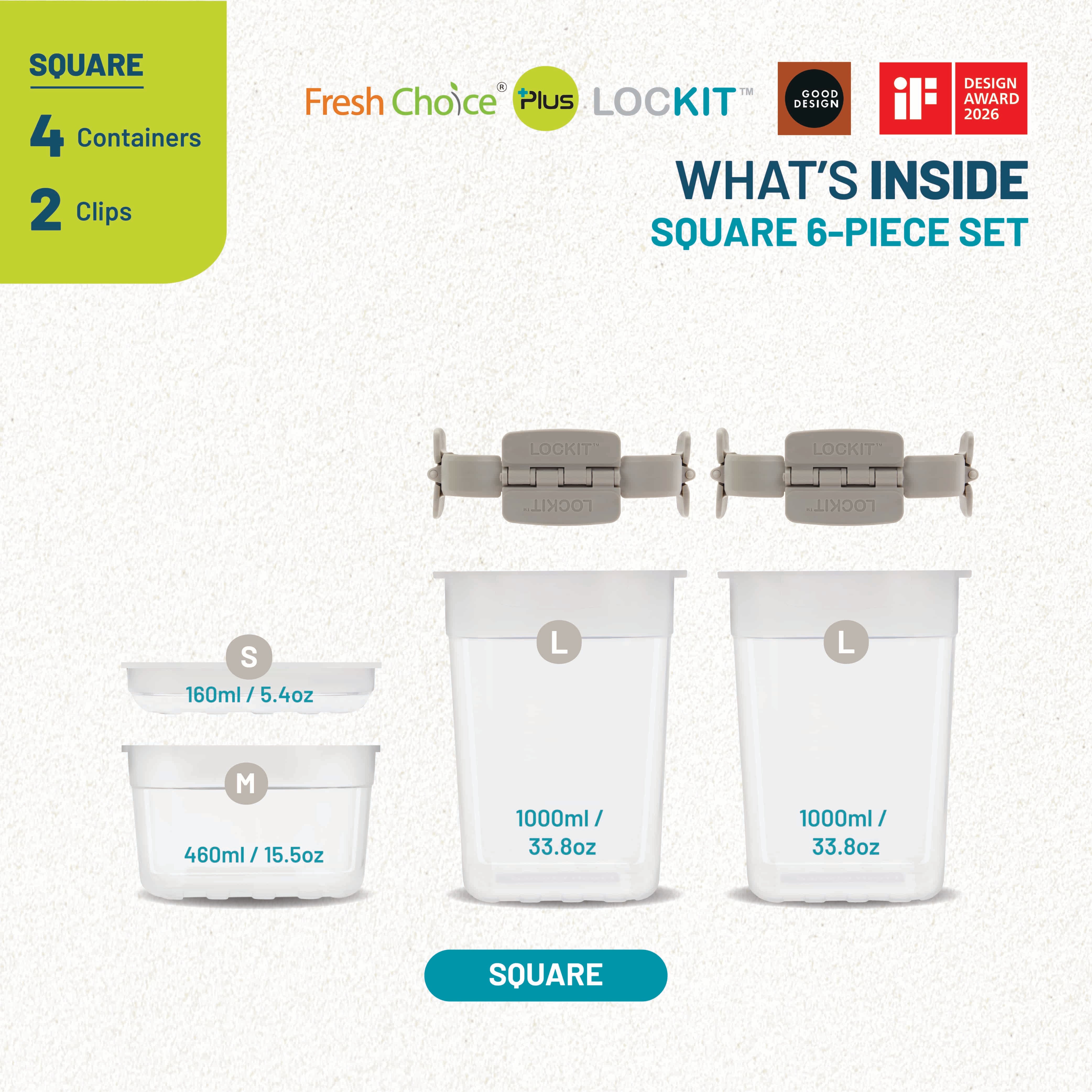 Fresh Choice | Lockit Square Large 6-Piece Set | Modular Food Storage