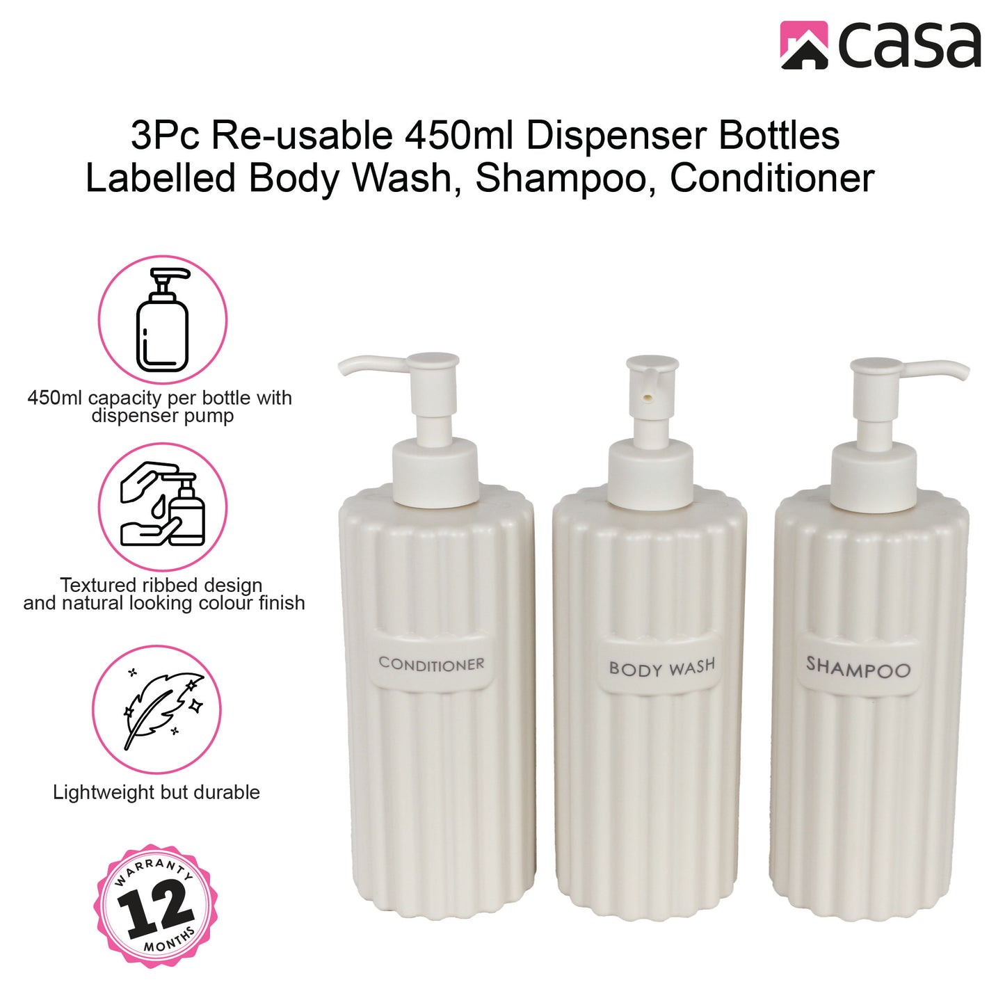 CASA 3Pc Re-usable 450ml Dispenser Bottles