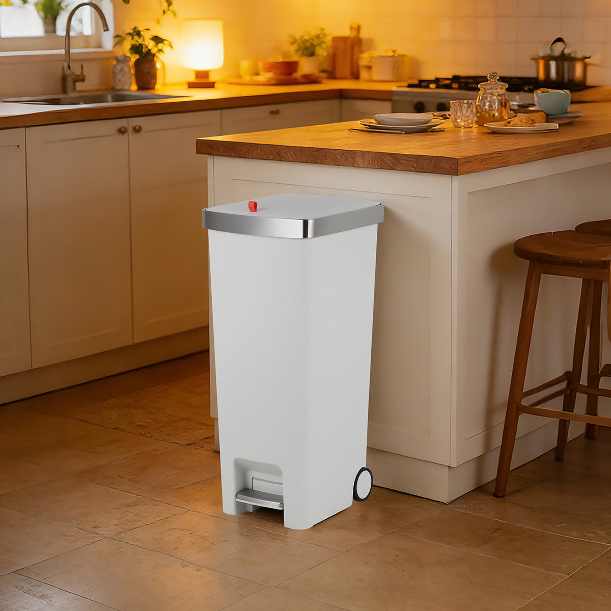 45L Pedal & Lid Lift Bin | Plastic | Slim Rectangle | With Wheels | White