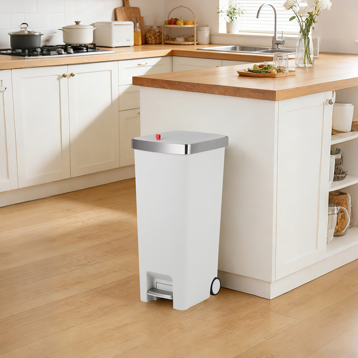 45L Pedal & Lid Lift Bin | Plastic | Slim Rectangle | With Wheels | White