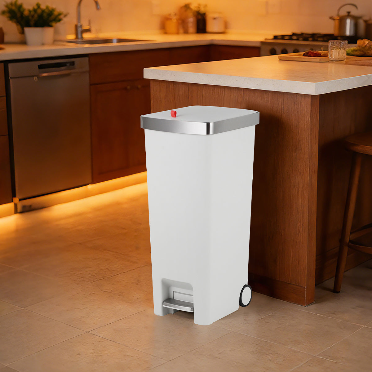 45L Pedal & Lid Lift Bin | Plastic | Slim Rectangle | With Wheels | White