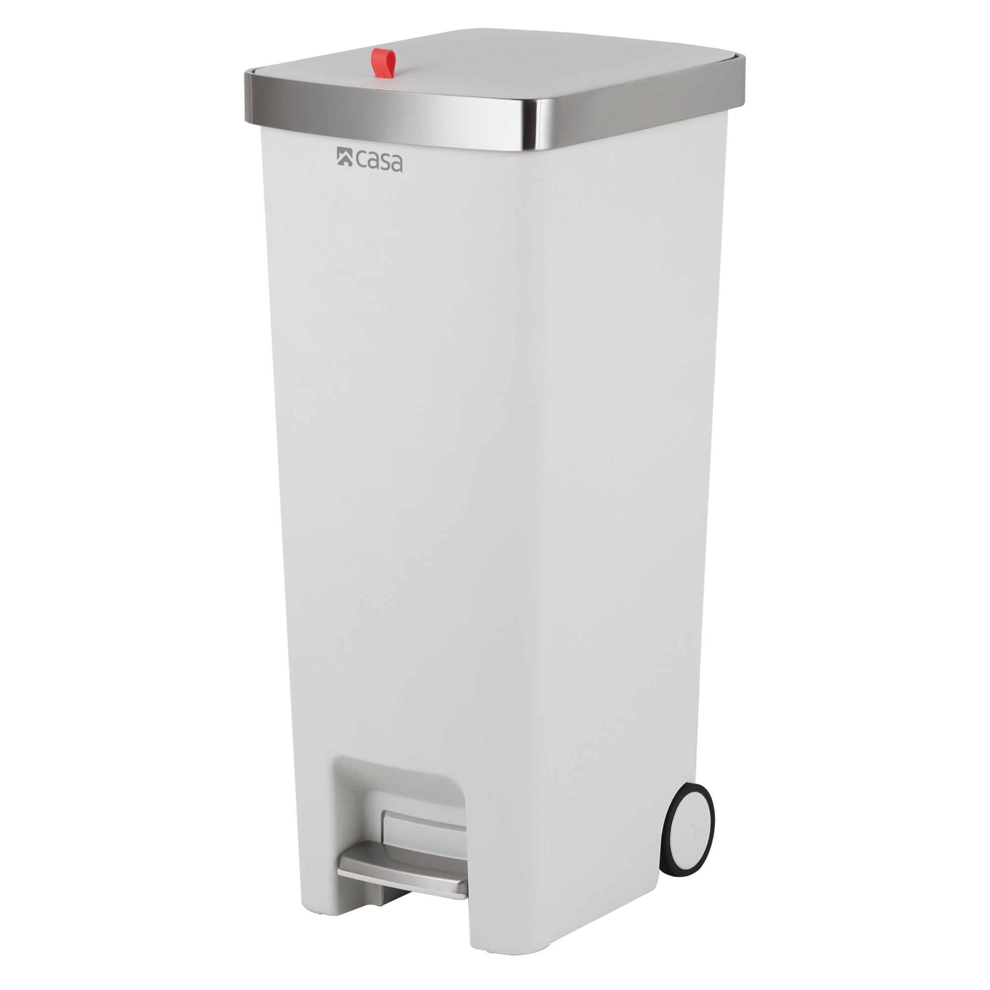45L Pedal & Lid Lift Bin | Plastic | Slim Rectangle | With Wheels | White