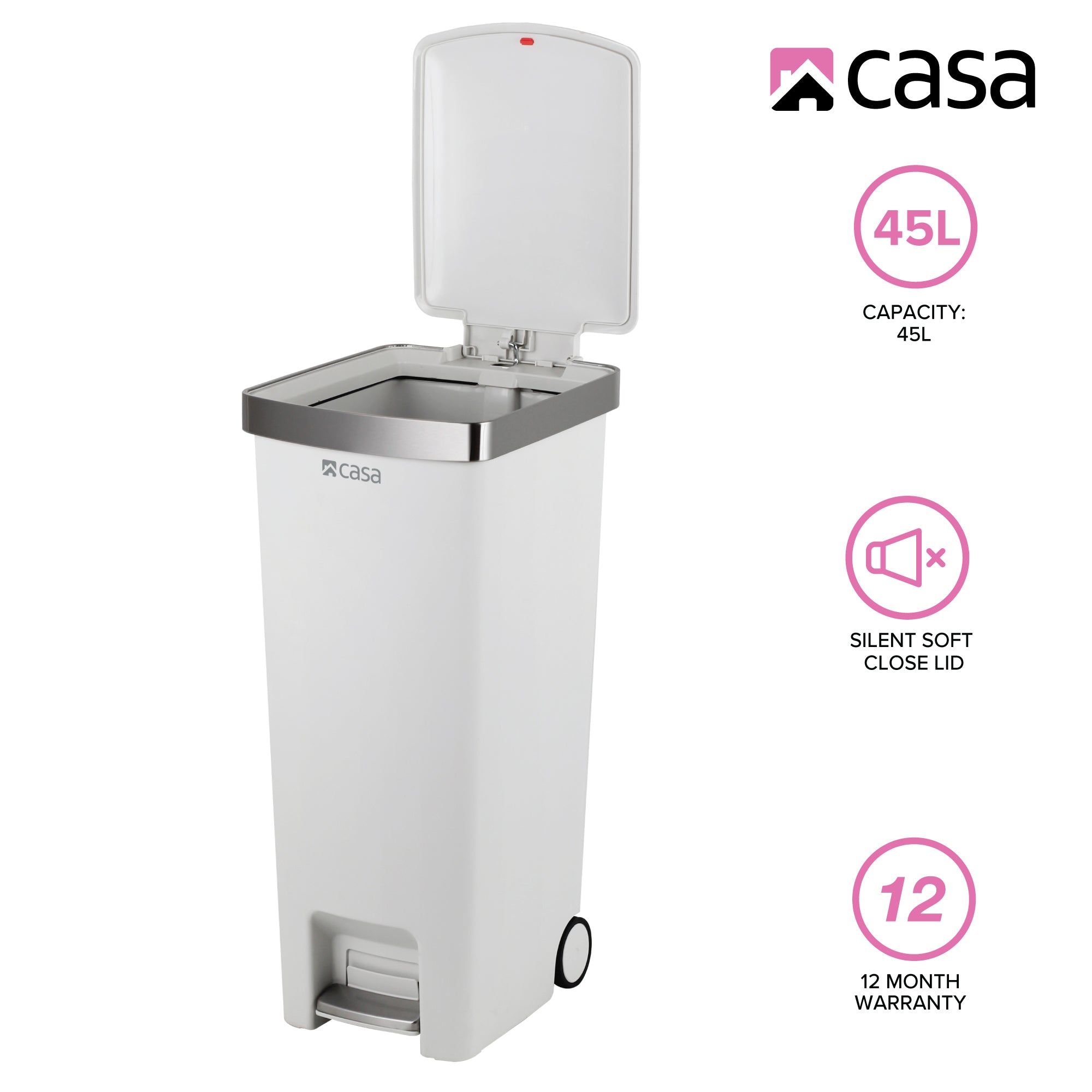 45L Pedal & Lid Lift Bin | Plastic | Slim Rectangle | With Wheels | White