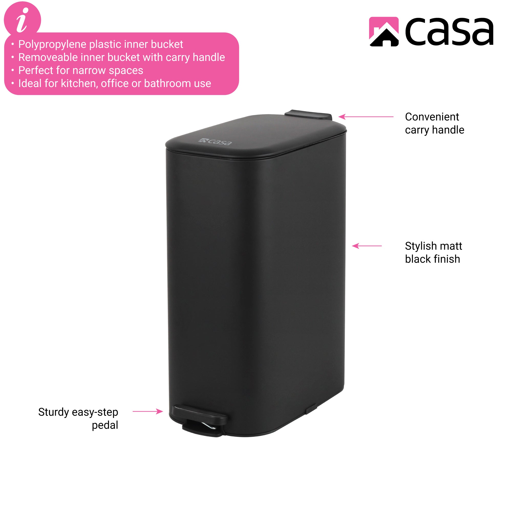 30L Steel Pedal Bin | Slimline Rectangle | Portofino