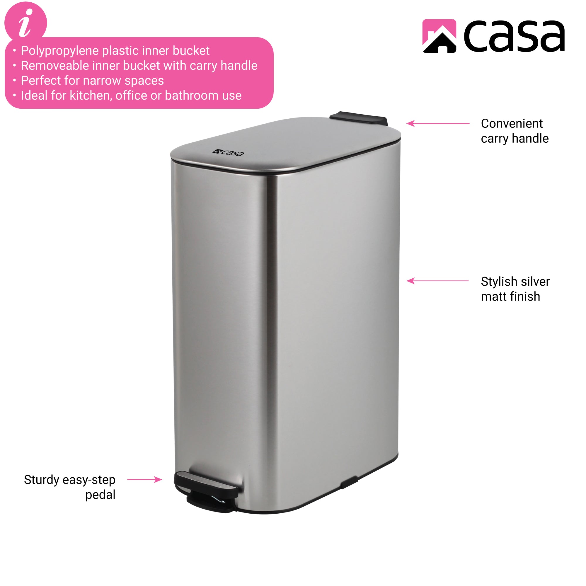 30L Steel Pedal Bin | Slimline Rectangle | Portofino