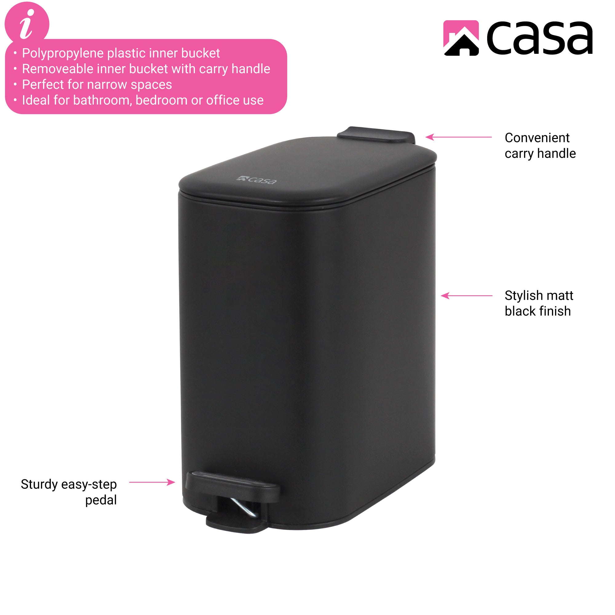 6L Steel Pedal Bin | Slimline Rectangle | Portofino