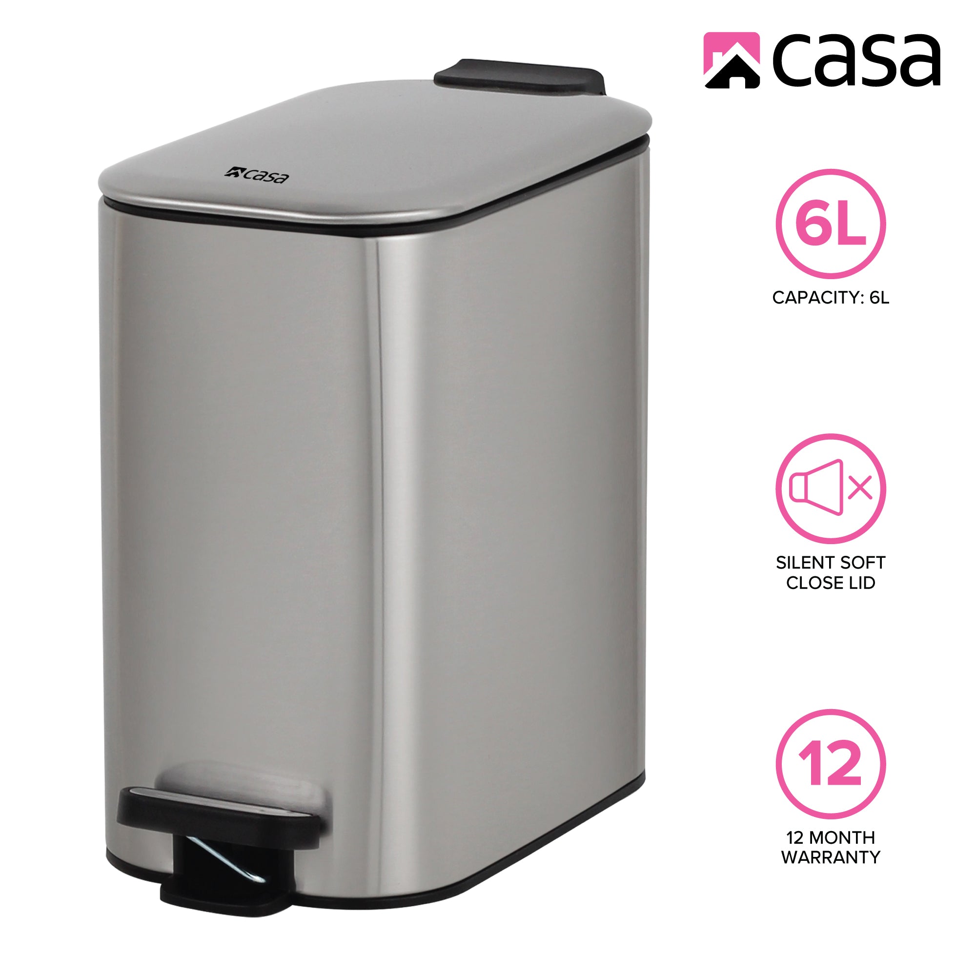 6L Steel Pedal Bin | Slimline Rectangle | Portofino