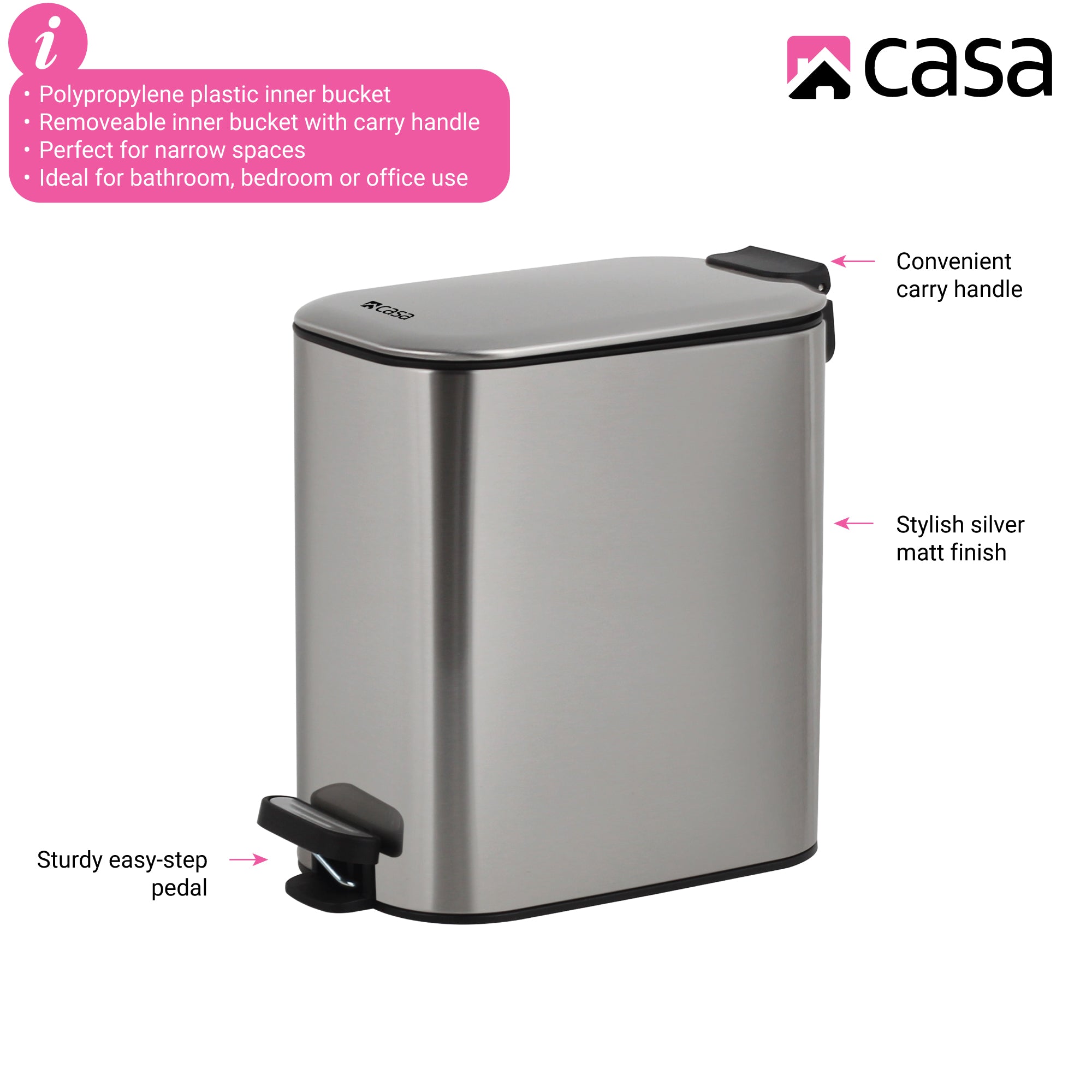 6L Steel Pedal Bin | Slimline Rectangle | Portofino