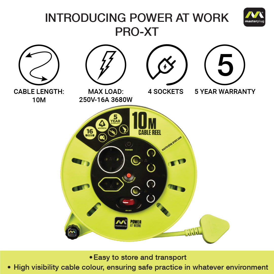 Pro-Xt 10m Medium Duty Extension Cable Reel - 4 Socket With Switch