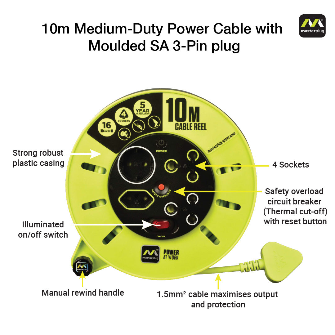 Pro-Xt 10m Medium Duty Extension Cable Reel - 4 Socket With Switch