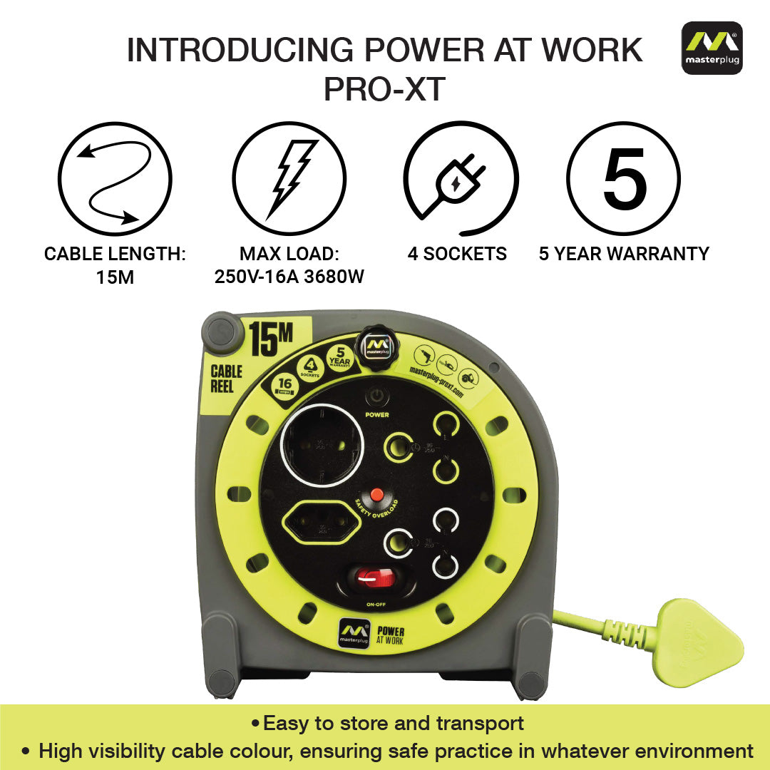Pro-Xt 15m Medium Duty Extension Cable Reel - 4 Socket With Switch