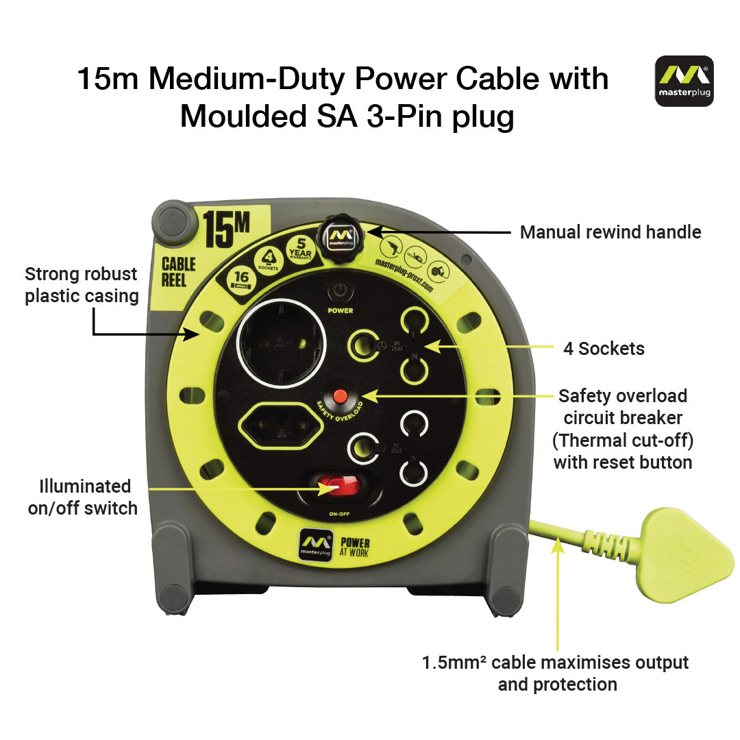 Pro-Xt 15m Medium Duty Extension Cable Reel - 4 Socket With Switch