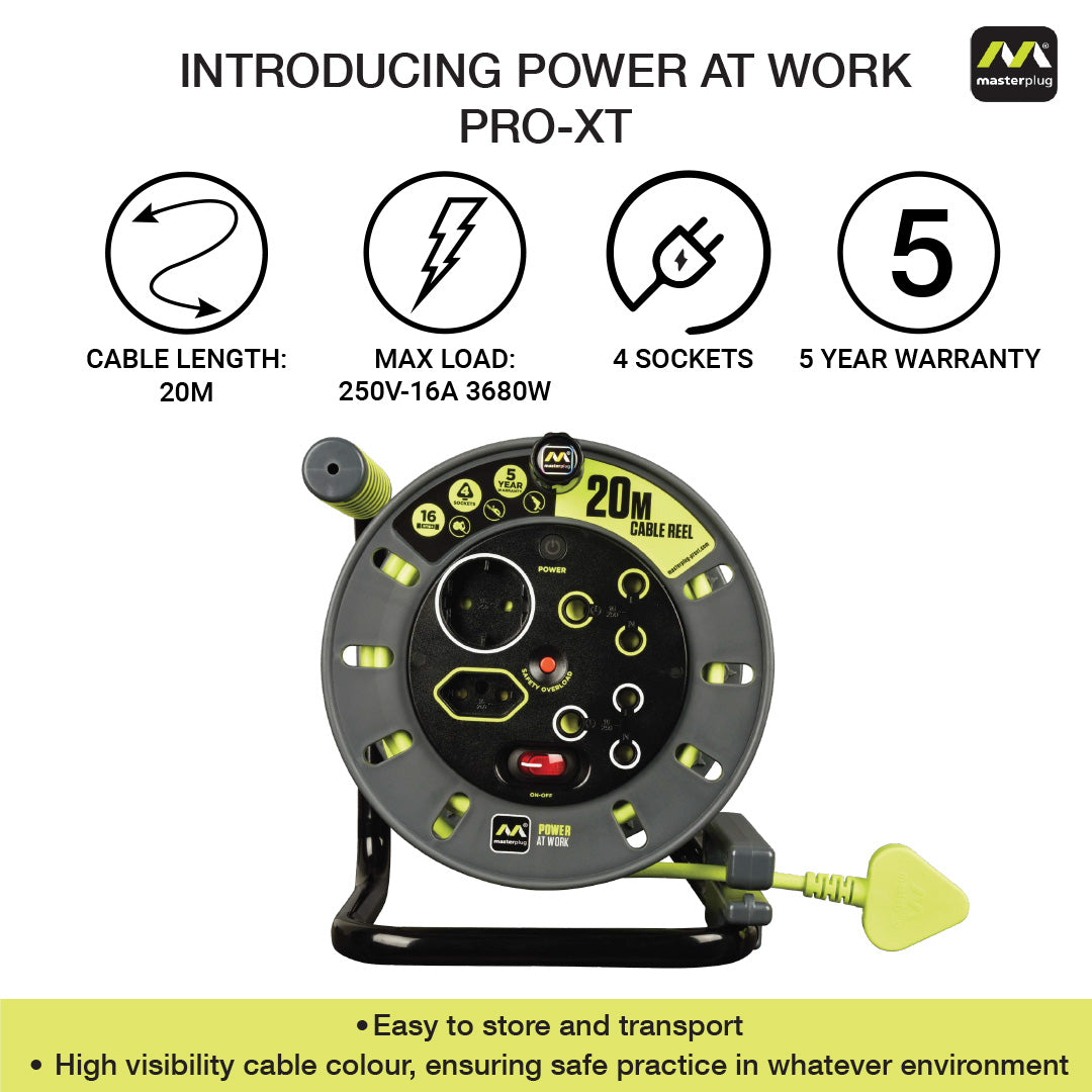 Pro-Xt 20m Medium Duty Extension Cable Reel - 4 Socket With Switch